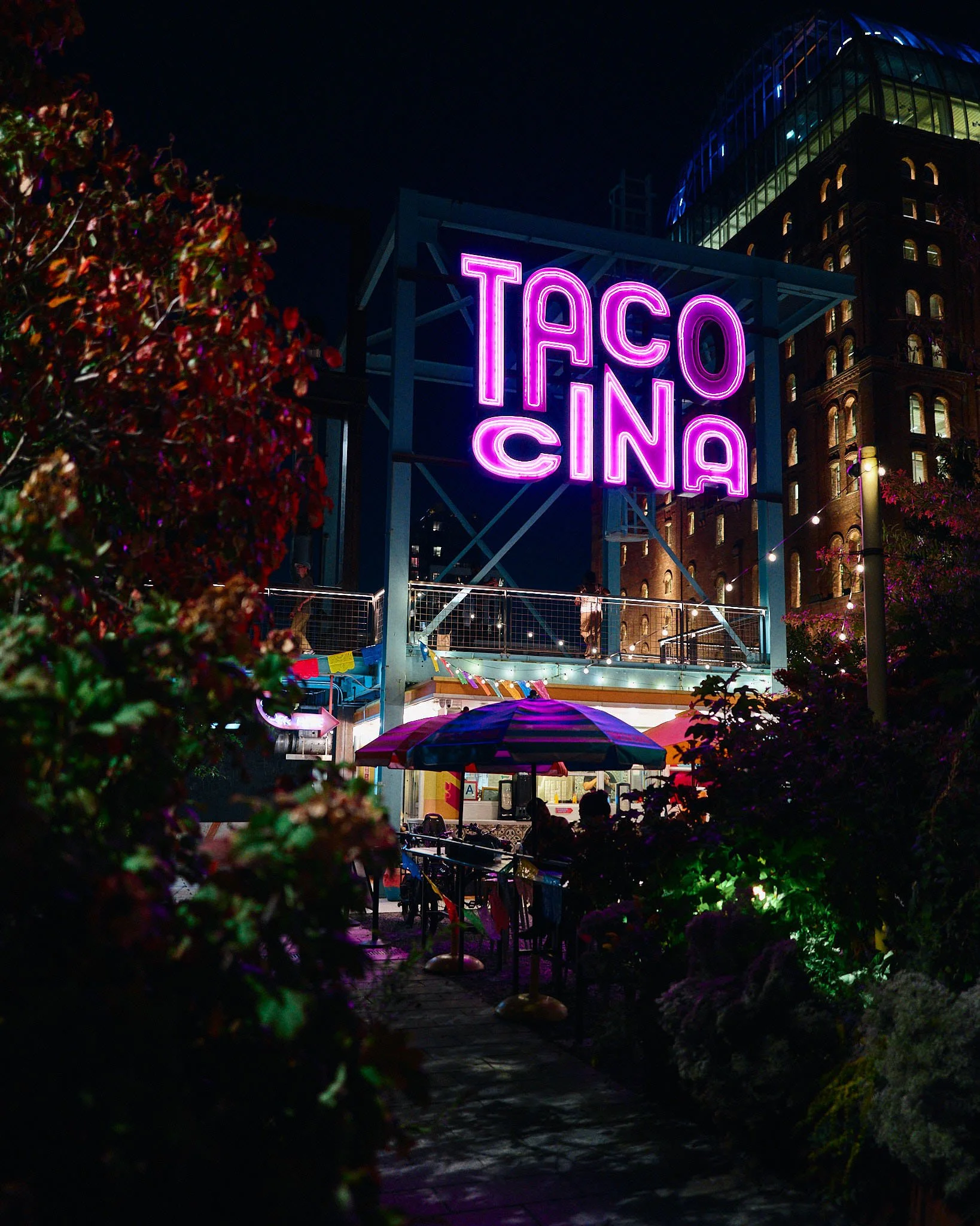 Night view of a taco restaurant with a purple neon sign reading 'TACO CINQ', outdoor seating area with a striped umbrella, surrounded by plants and bushes, with city buildings in the background.