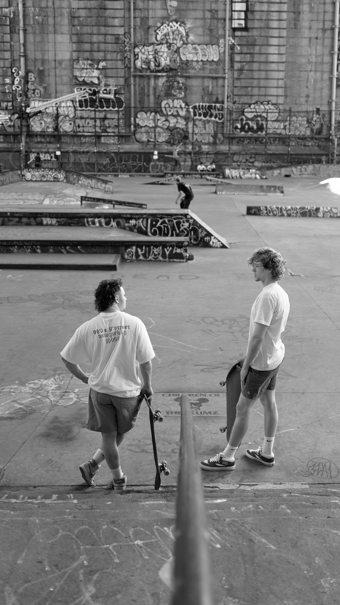 Two young men with skateboards standing on a skatepark's steps, one with curly hair and the other with short hair, both wearing casual summer clothes, engaging in conversation. The skatepark has graffitied ramps and a wall in the background.
