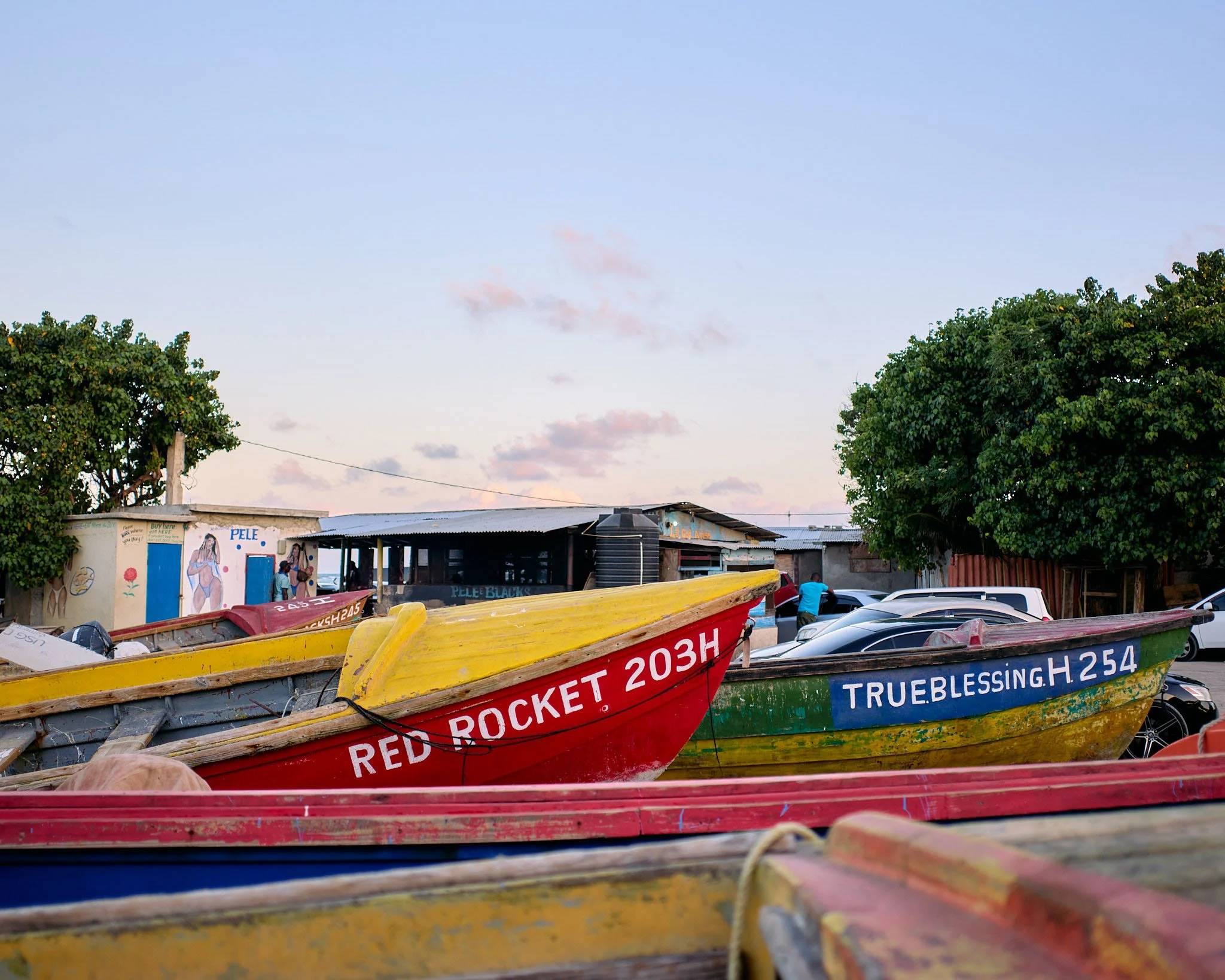 Colorful fishing boats with names 'Red Rocket 203H' and 'TrueBlessing H 254' docked in a coastal area, with trees and small buildings in the background during sunset.