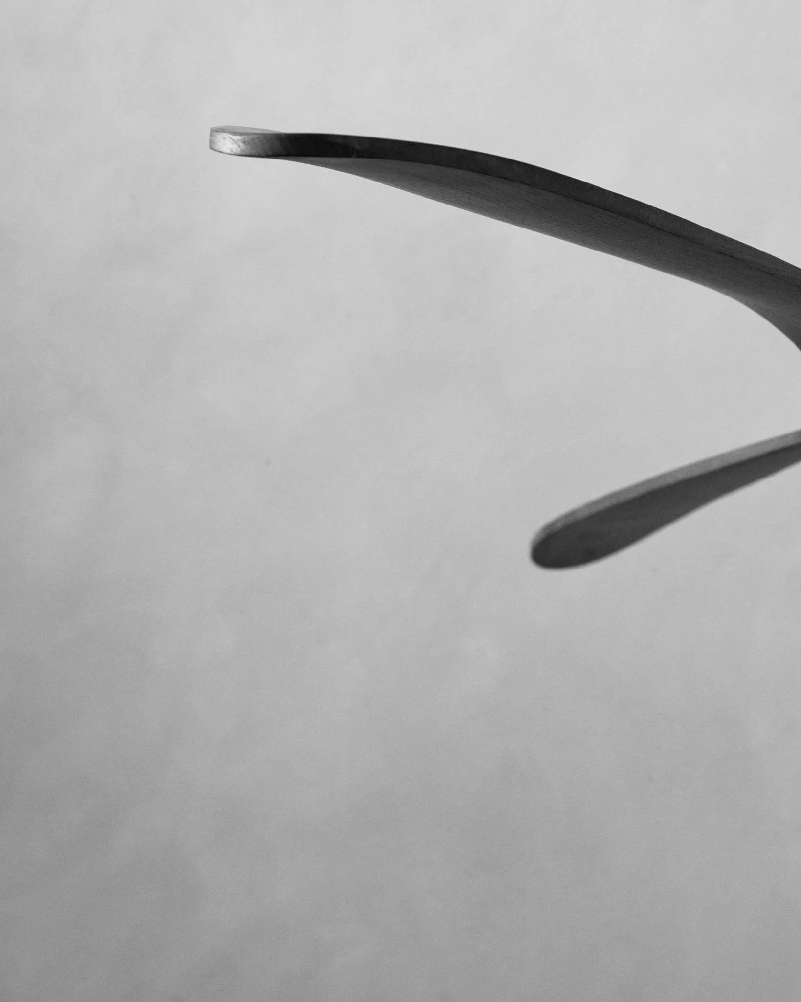 Close-up of two metallic spoons with curved handles, reflected against a smooth white surface.