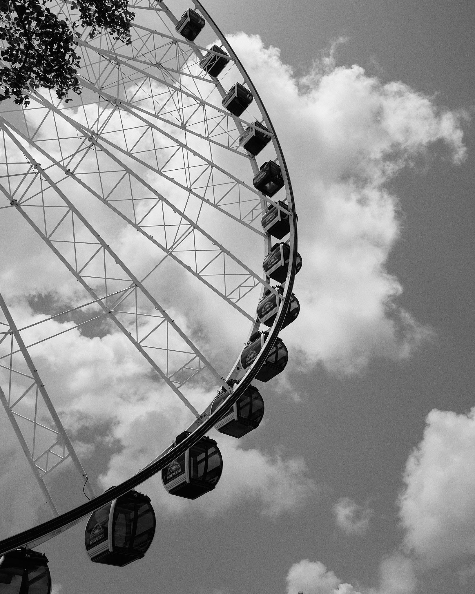 A large Ferris wheel with enclosed gondolas against a cloudy sky in black and white.