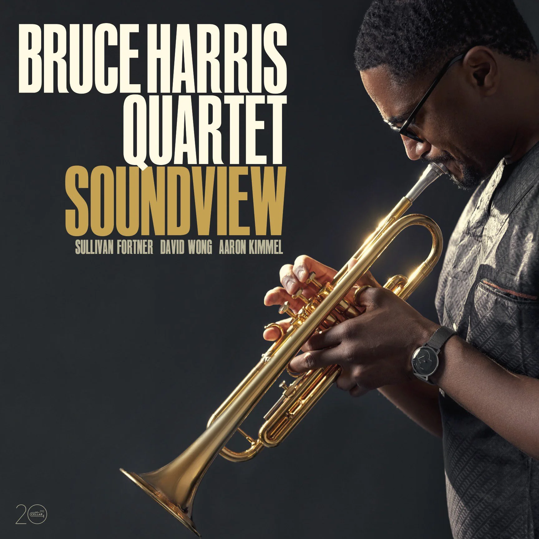 Bruce Harris playing a trumpet with text overlay of 'Bruce Harris Quartet Soundview' and names Sullivan Fortner, David Wong, and Aaron Kimmel. Album cover