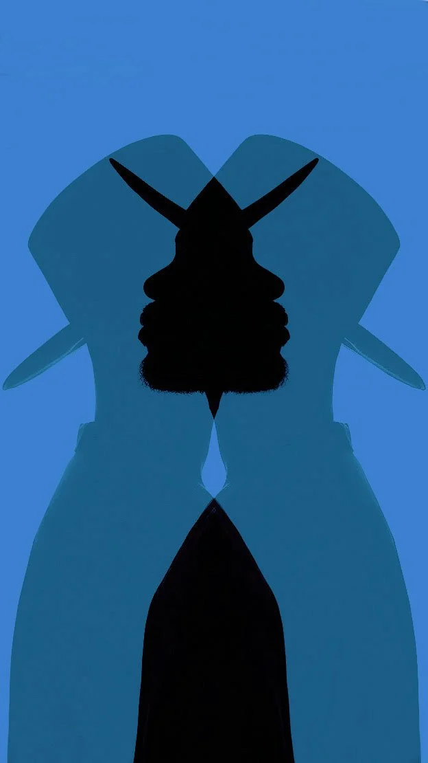 A mirrored silhouette of a man with a beard and mustache, wearing a baseball cap, with an abstract blue background.