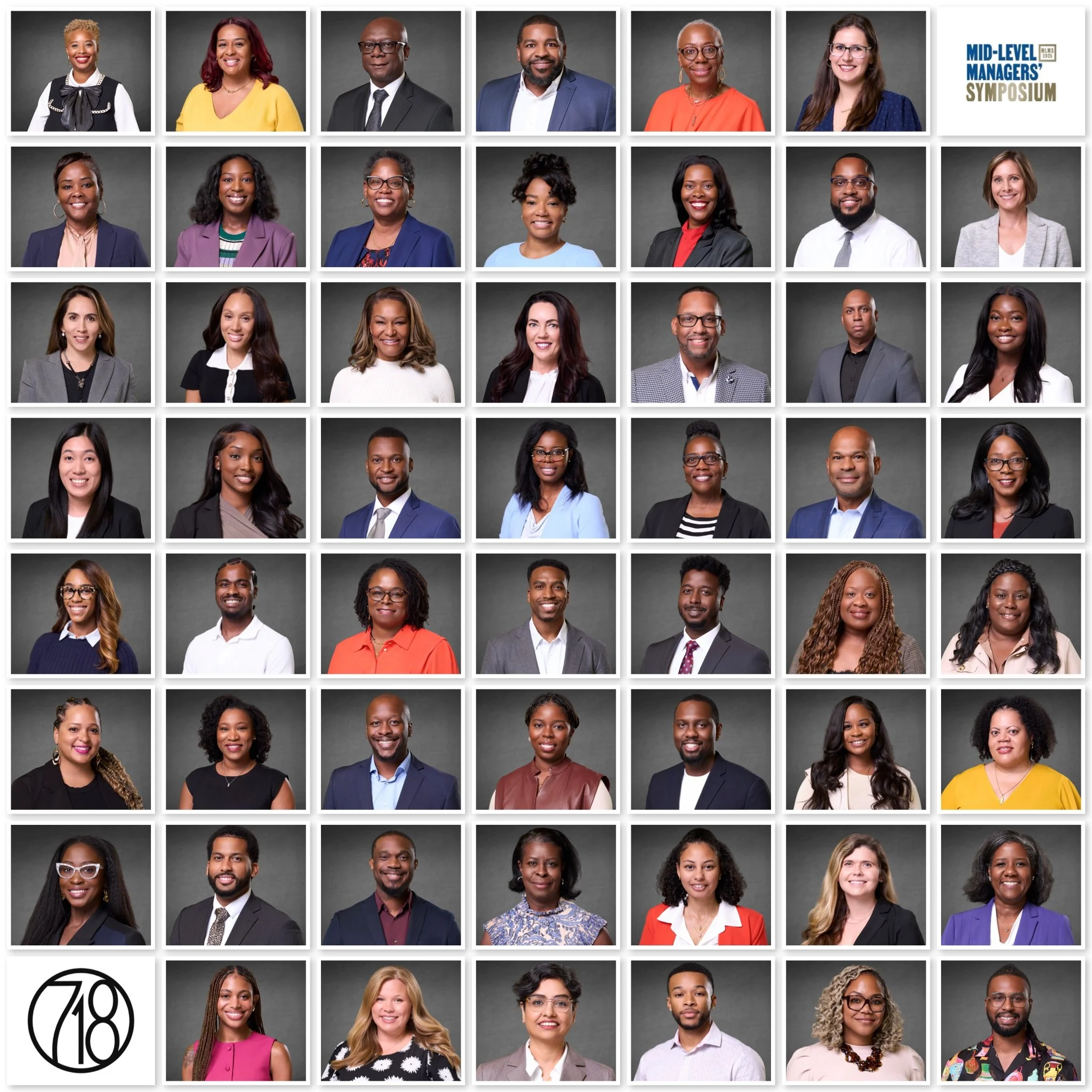 Portraits of diverse professionals in business attire, arranged in a grid, for a corporate or conference event.