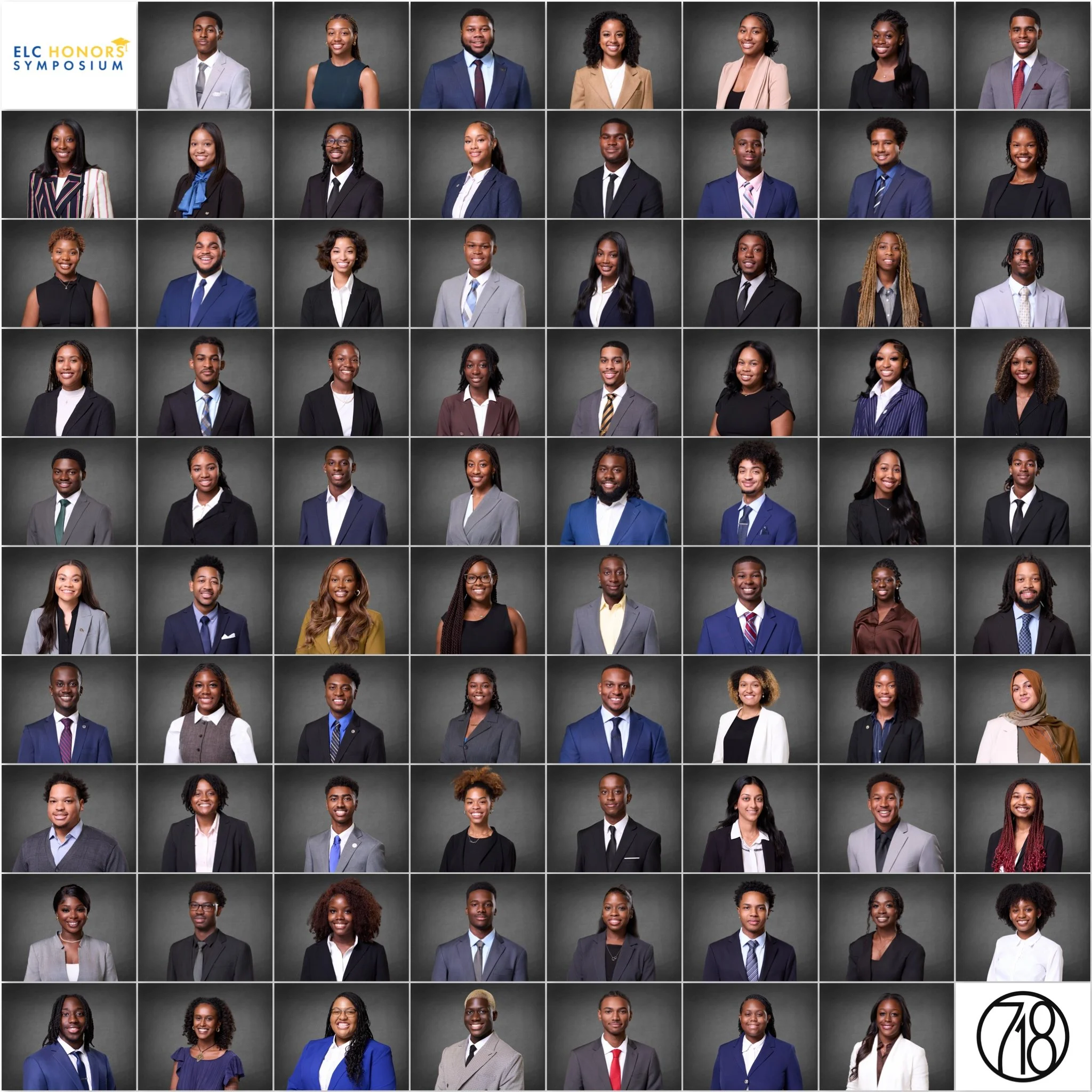 A collage of professional headshots of diverse individuals, all dressed in business attire, set against a gray background. The top left corner displays the text 'ELC Honors Symposium' with 'Honor' highlighted in yellow. The bottom right corner features a circular logo with the number '18' inside.
