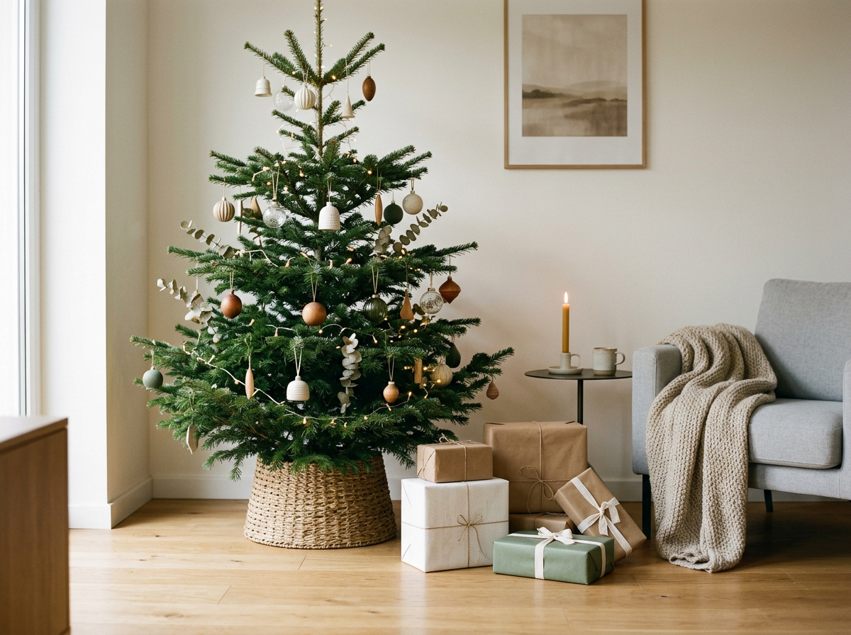A decorated Christmas tree with ornaments, baubles, and lights, surrounded by wrapped presents, in a cozy living room with a gray sofa, blanket, and minimal art on the wall.