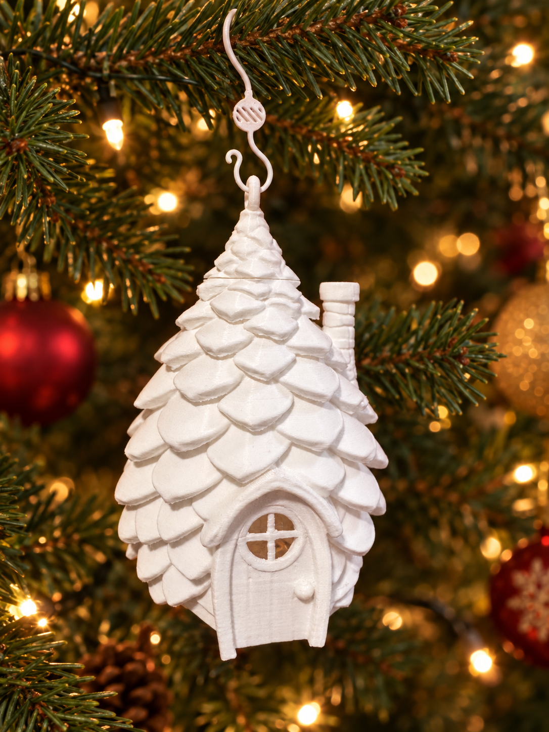 A white ceramic house ornament shaped like a tree with a small round door and window, hanging on a decorated Christmas tree with lights and red ornaments in the background.