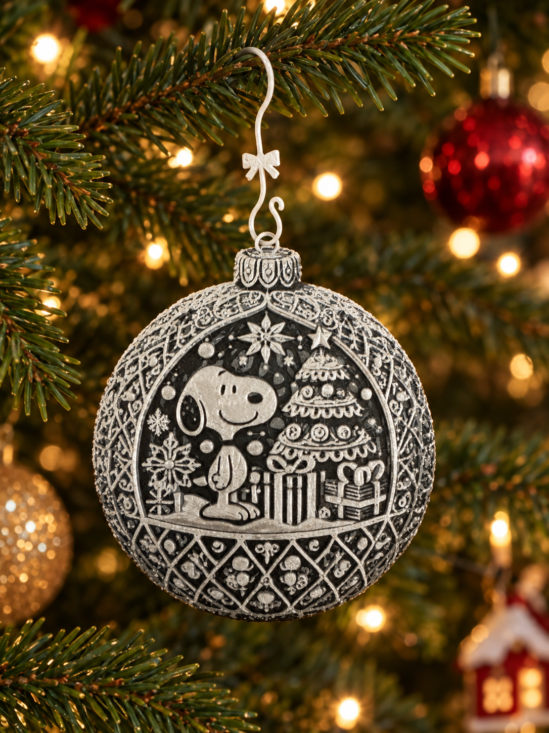 A decorated Christmas tree with a silver Snoopy ornament featuring a Christmas scene with presents, a Christmas tree, and snowflakes, surrounded by white lights and other ornaments.