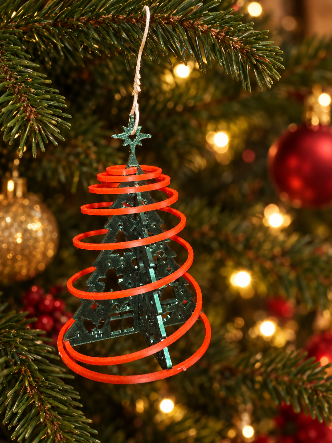 A Christmas ornament in the shape of a tree with spiral red rings and a star on top, hanging from a Christmas tree with blurred lights and ornaments in the background.