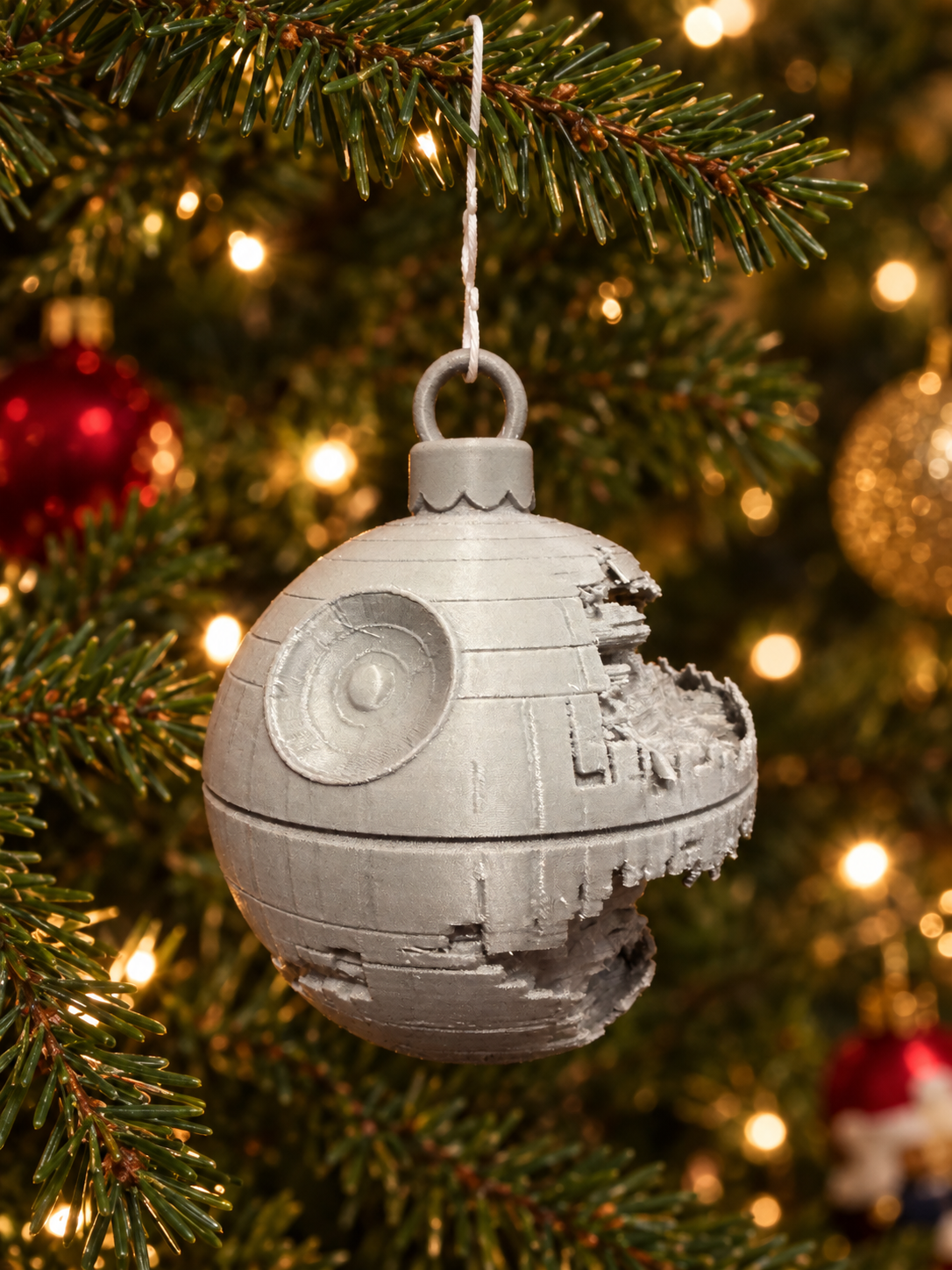 A Christmas tree ornament shaped like the Death Star from Star Wars, with a chipped and worn appearance, hanging on a Christmas tree with blurred lights and other ornaments in the background.