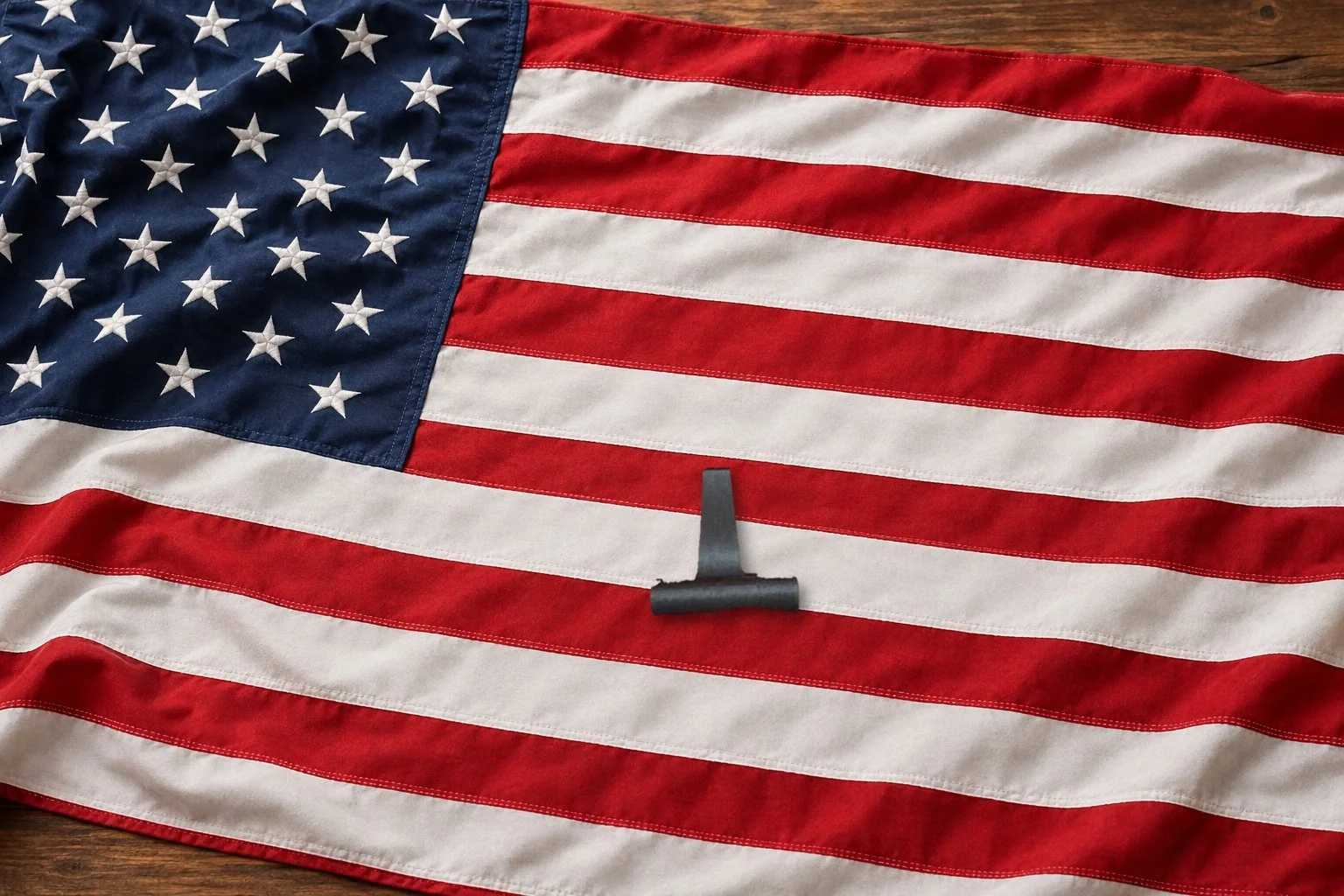 An American flag with a chalk piece resting on red and white stripes, lying on a wooden surface.