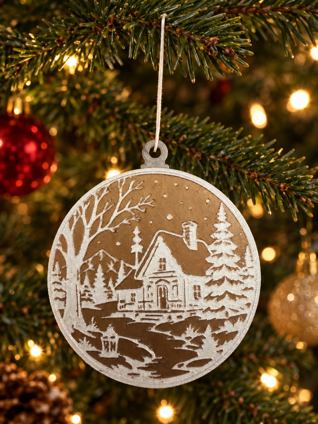 A Christmas tree ornament depicting a snowy landscape with a house, trees, and a lamp post.