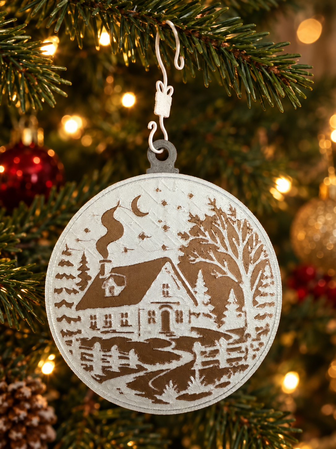 Christmas tree ornament featuring a winter scene with a house, trees, and a winding path, hanging on a decorated Christmas tree with blurred lights and ornaments in the background.
