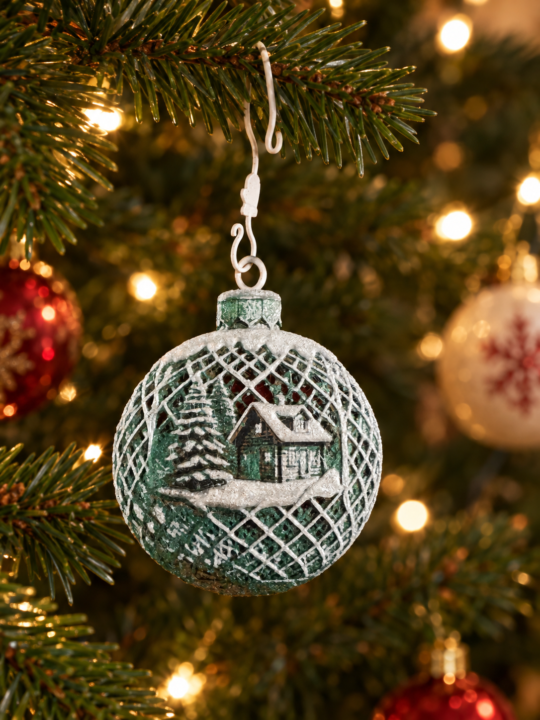 Decorative Christmas ornament featuring a winter scene with a house and trees, hanging on a Christmas tree with blurred lights in the background.