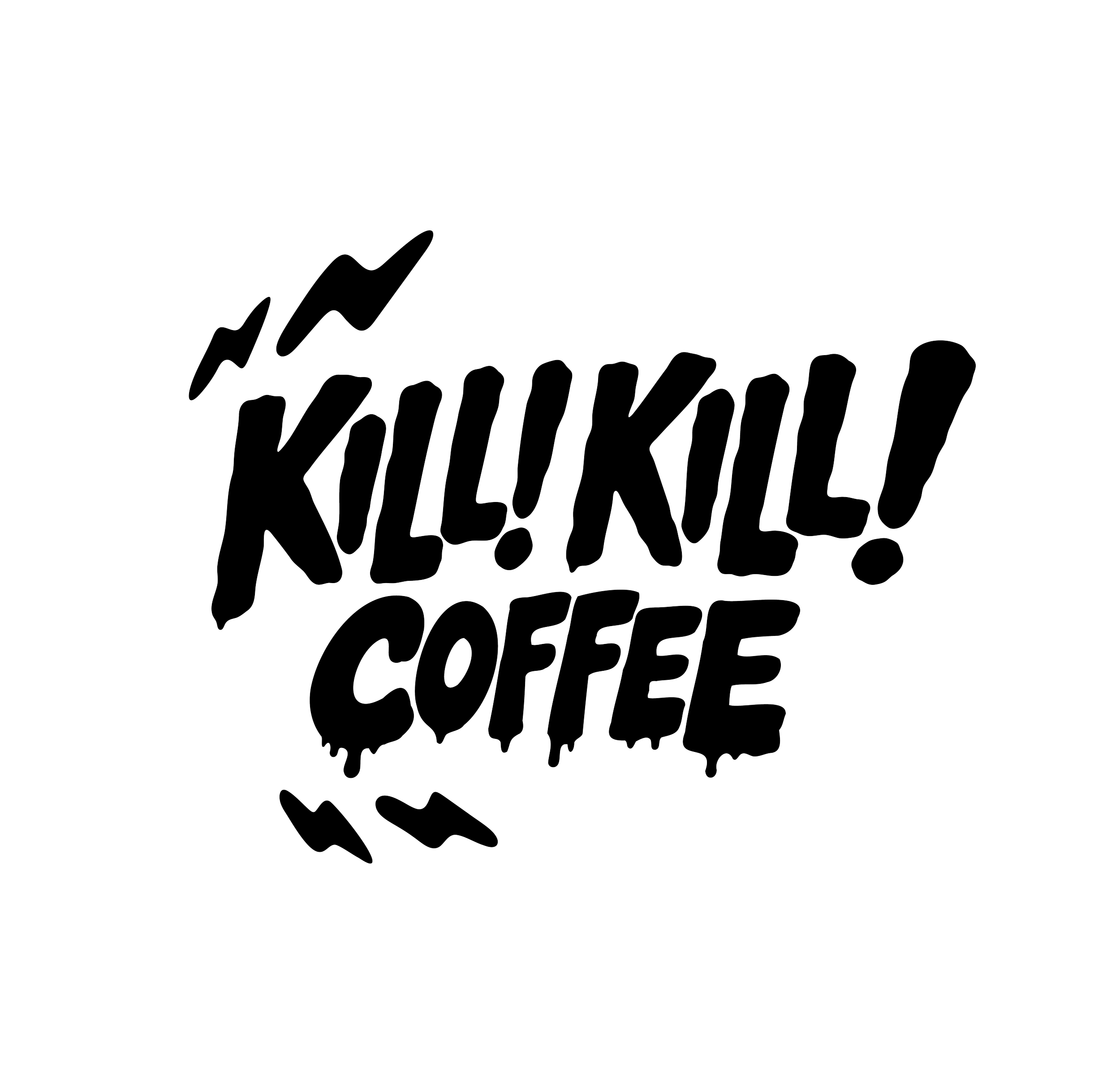 Black illustrated Kill! Kill! Coffee logo with expressive hand-drawn lettering on a bright yellow background.