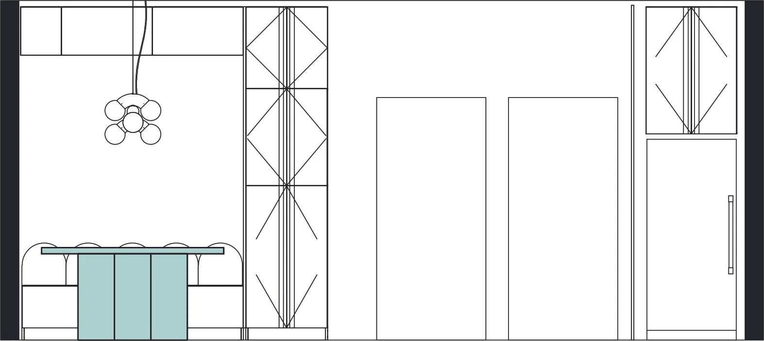 Architectural elevation drawing showing the custom breakfast table and its three cylindrical supports positioned beside the built-in kitchen banquette.
