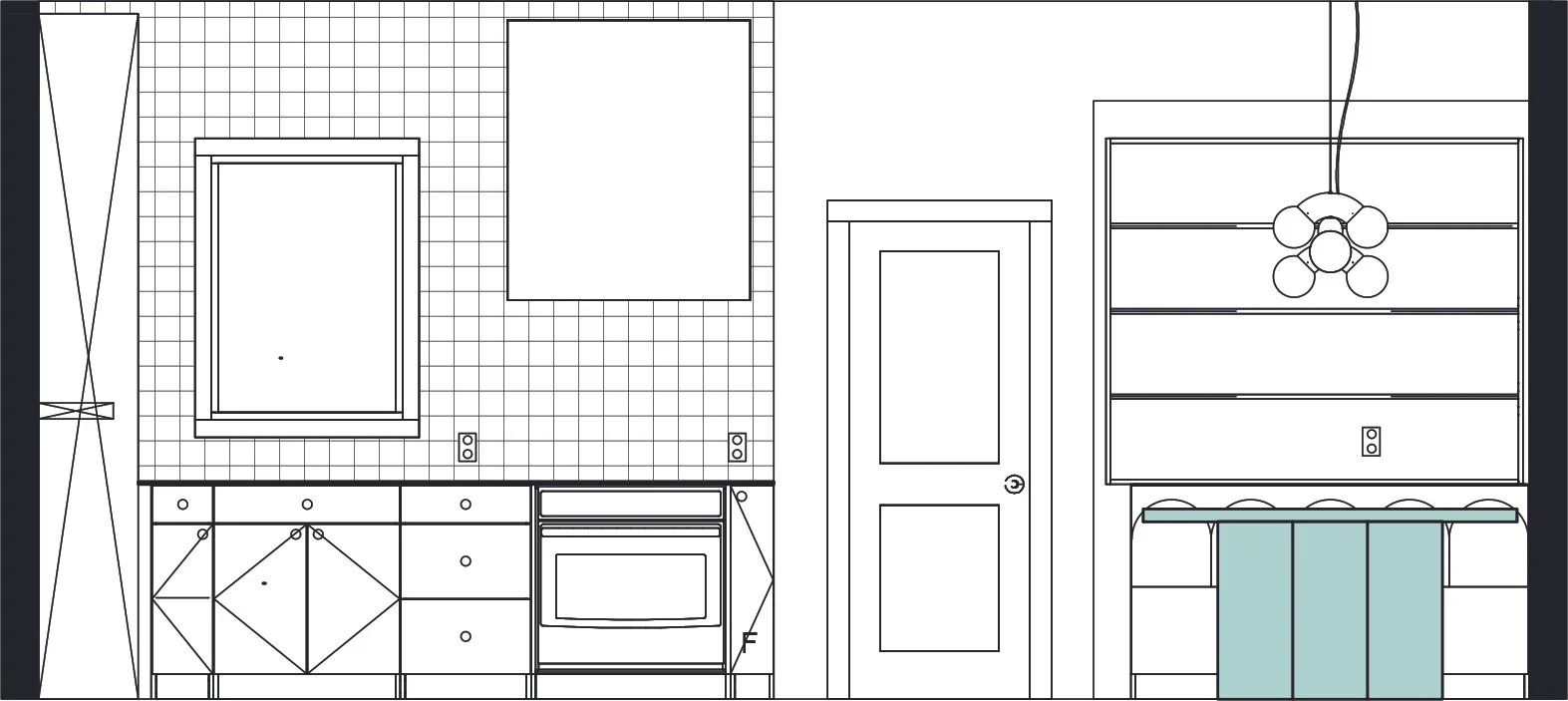 Architectural kitchen elevation showing the custom breakfast table in relation to the cabinetry, window, lighting and banquette seating.
