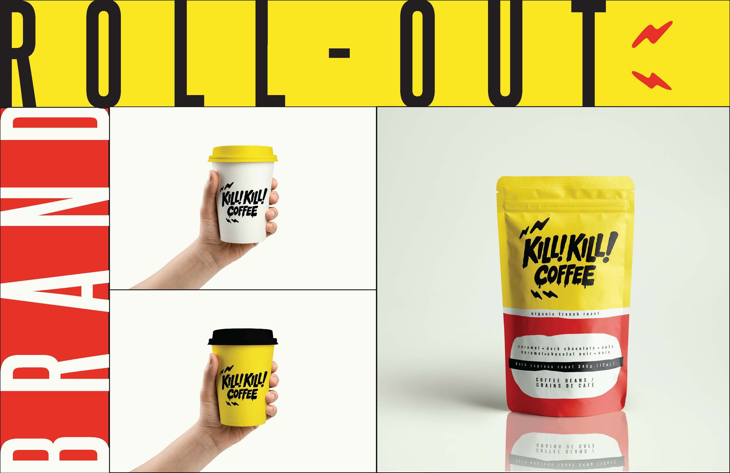 Brand identity and graphic design for Kill! Kill! Coffee in Toronto, featuring custom typography, logo design and a bold visual identity created by Flodström Interiors.