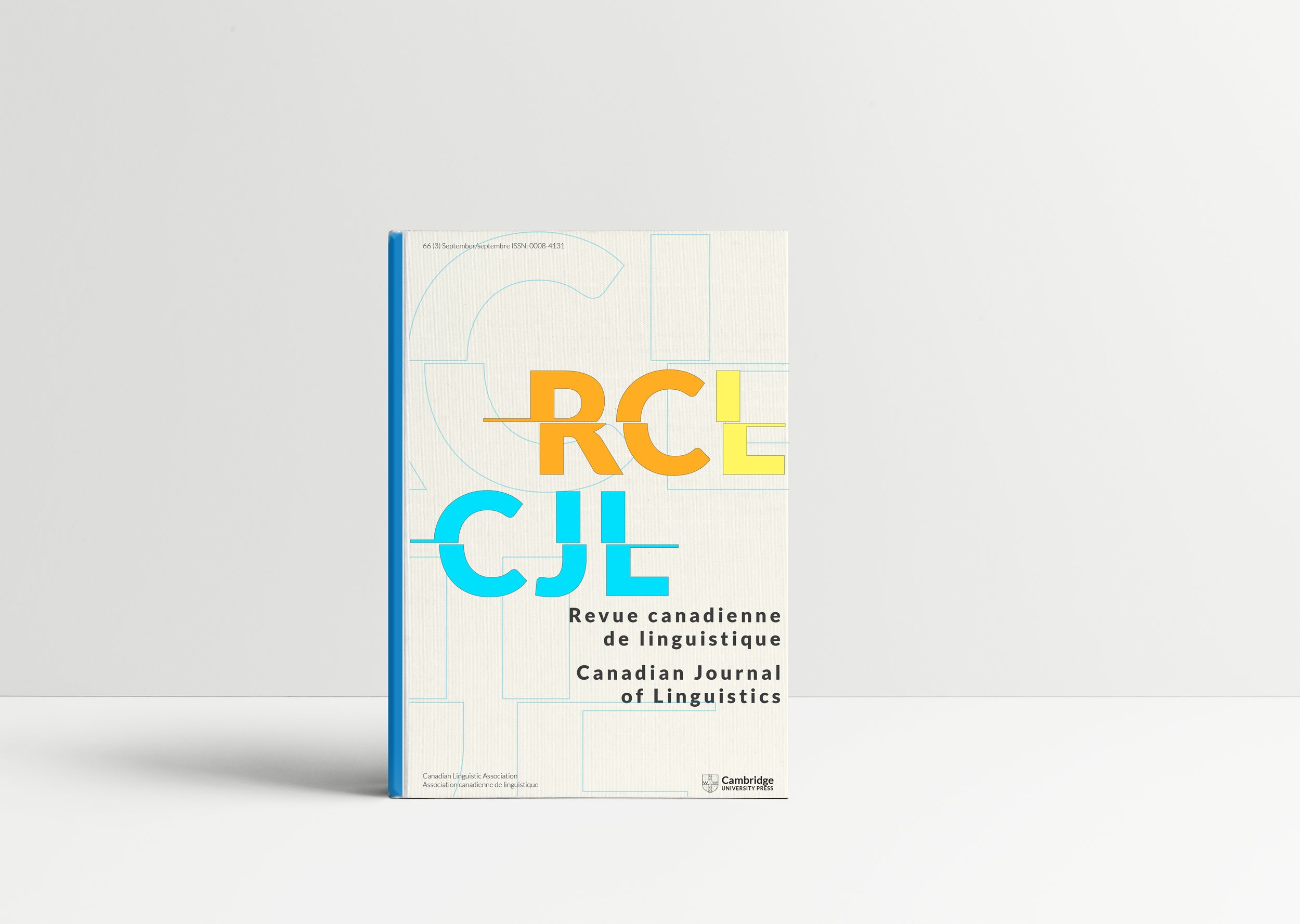 Editorial cover redesign concept for the Canadian Journal of Linguistics, featuring oversized CJL and RCL lettering in turquoise, orange and yellow.