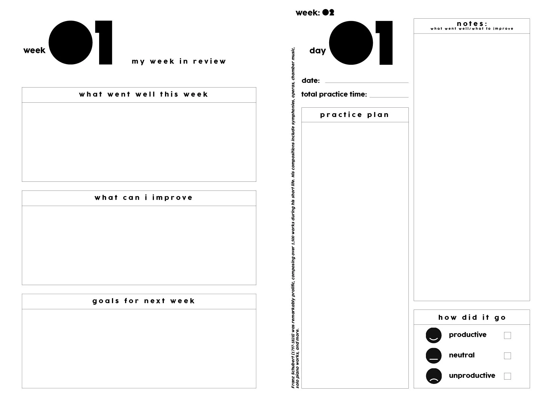 Black-and-white interior layout for the Notabl. musicians' practice journal, featuring weekly reflections, daily practice planning, notes and progress tracking.