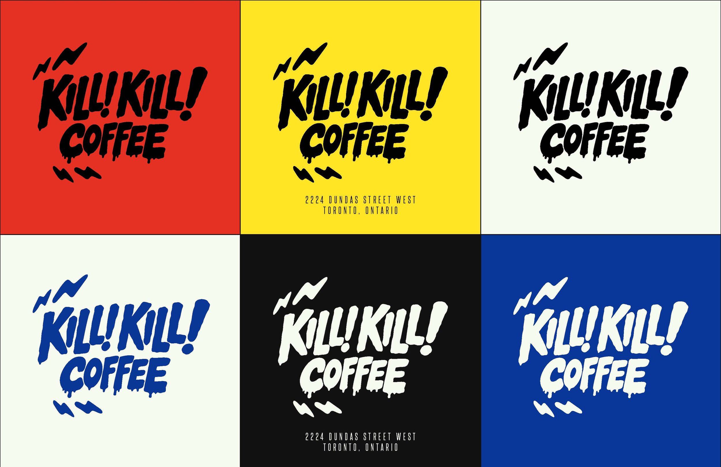 Kill! Kill! Coffee logo variations presented in red, yellow, cream, black and cobalt blue as part of the brand identity system.