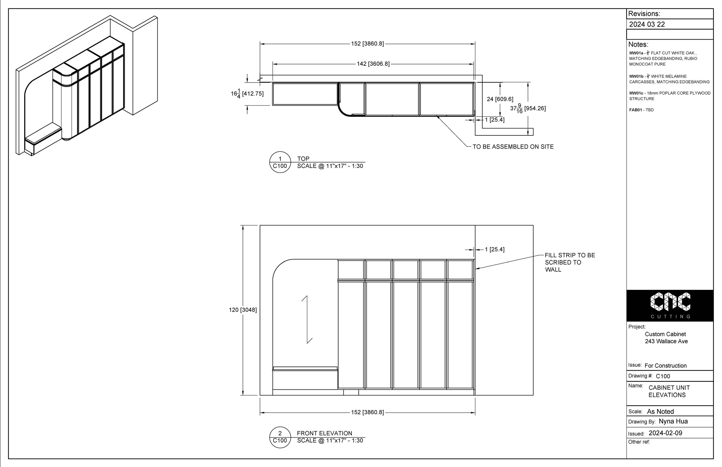 Technical millwork drawings showing front elevation, plan and three-dimensional views of custom oak cabinetry with rounded corners and integrated bench seating.