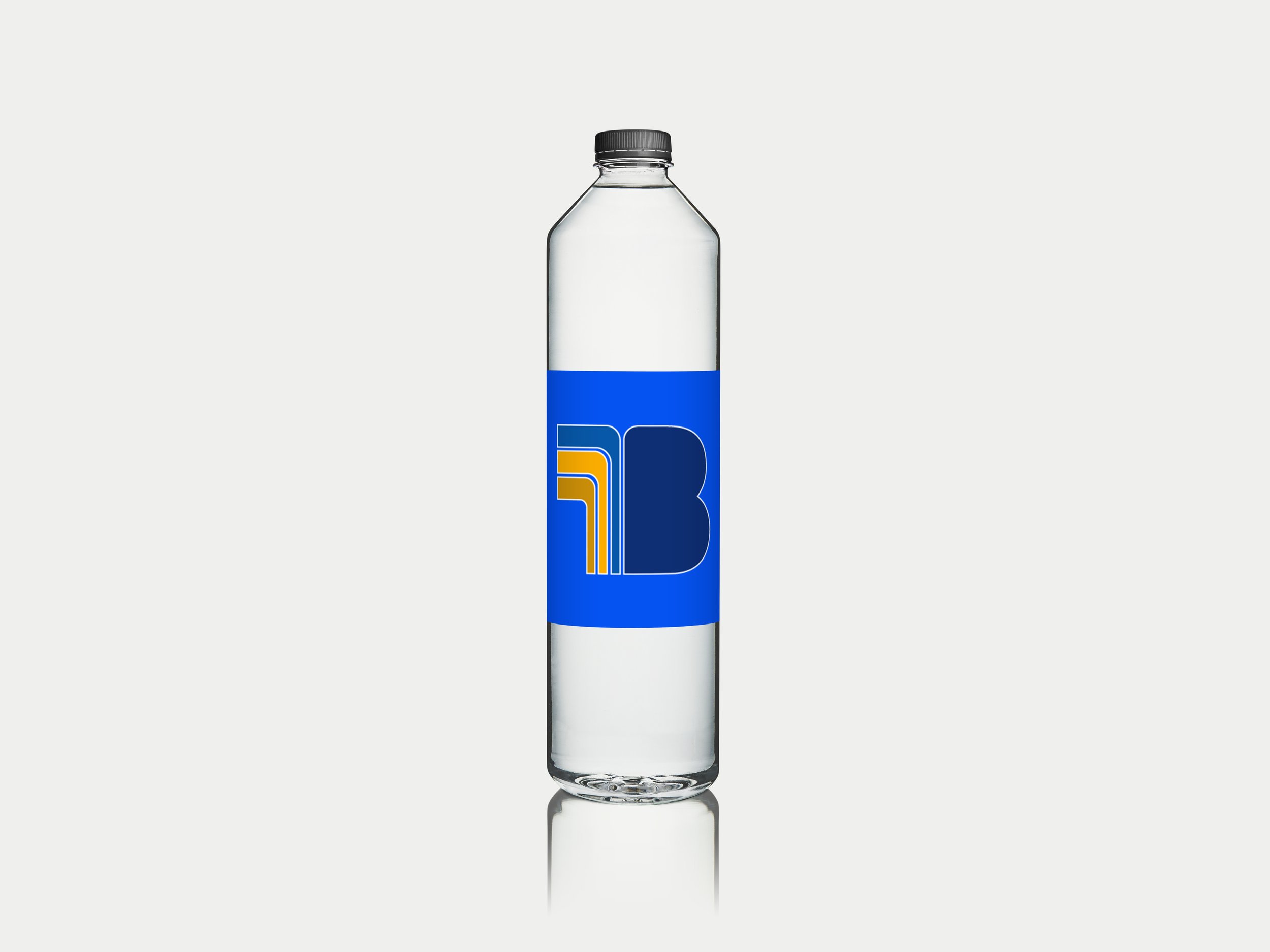 Water bottle mockup featuring the Belltone geometric logo in blue and orange.