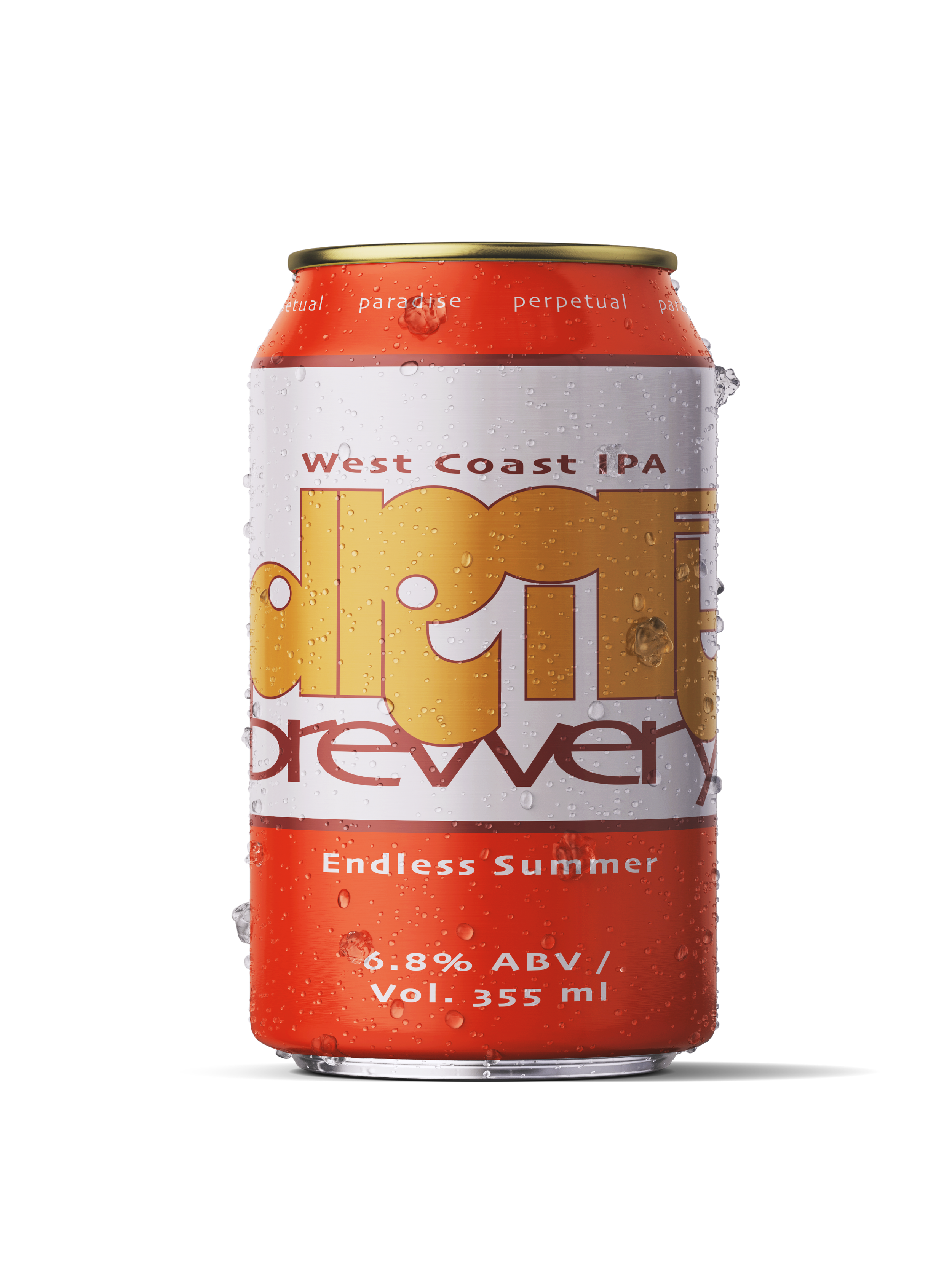 Endless Summer West Coast IPA can design for Drift Brewery, featuring layered gold typography with white and coral-red packaging.