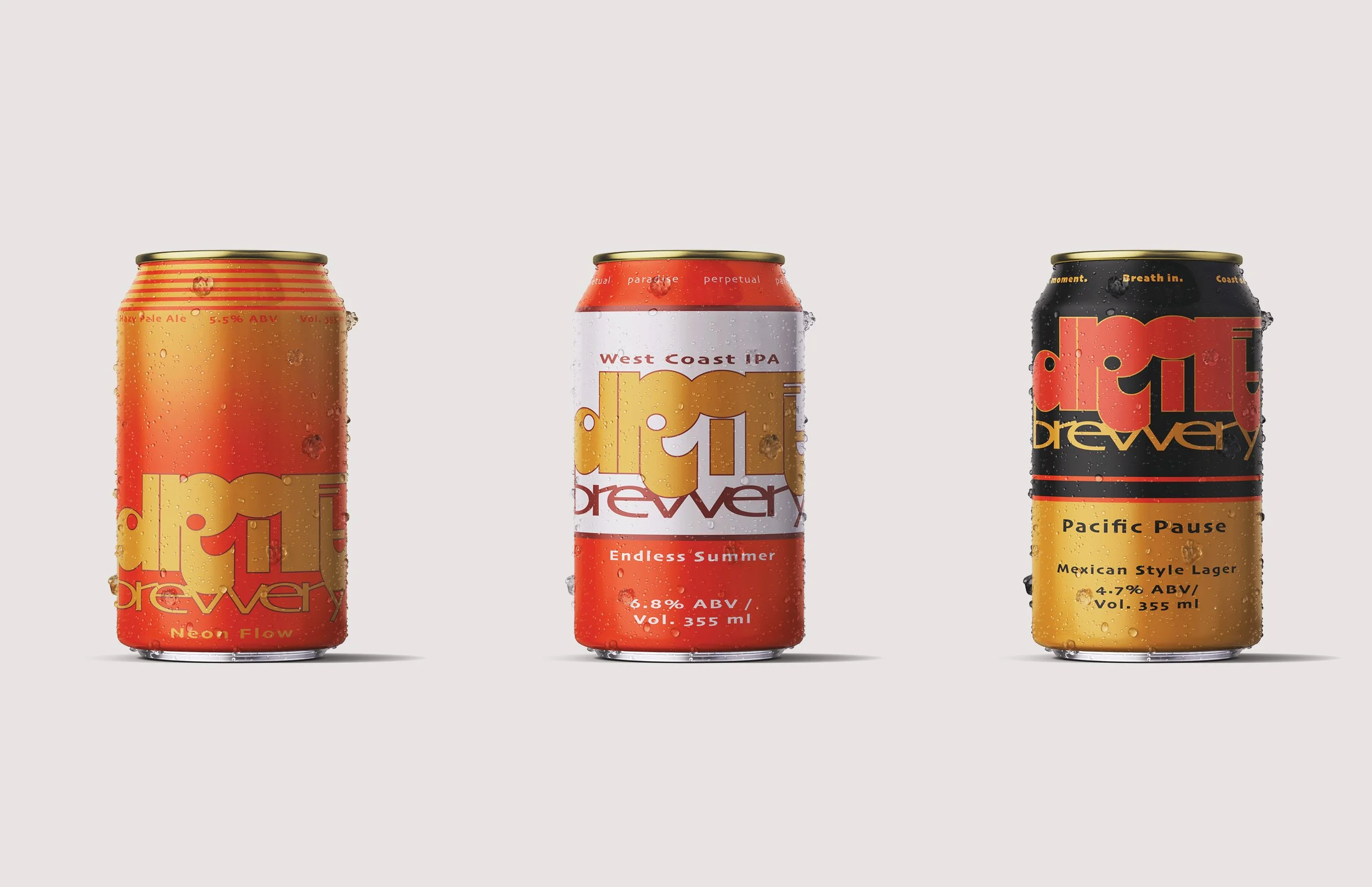 Conceptual brand identity and beer packaging design for Drift Brewery by Flodström Interiors, featuring custom typography and illustrated beer can labels.