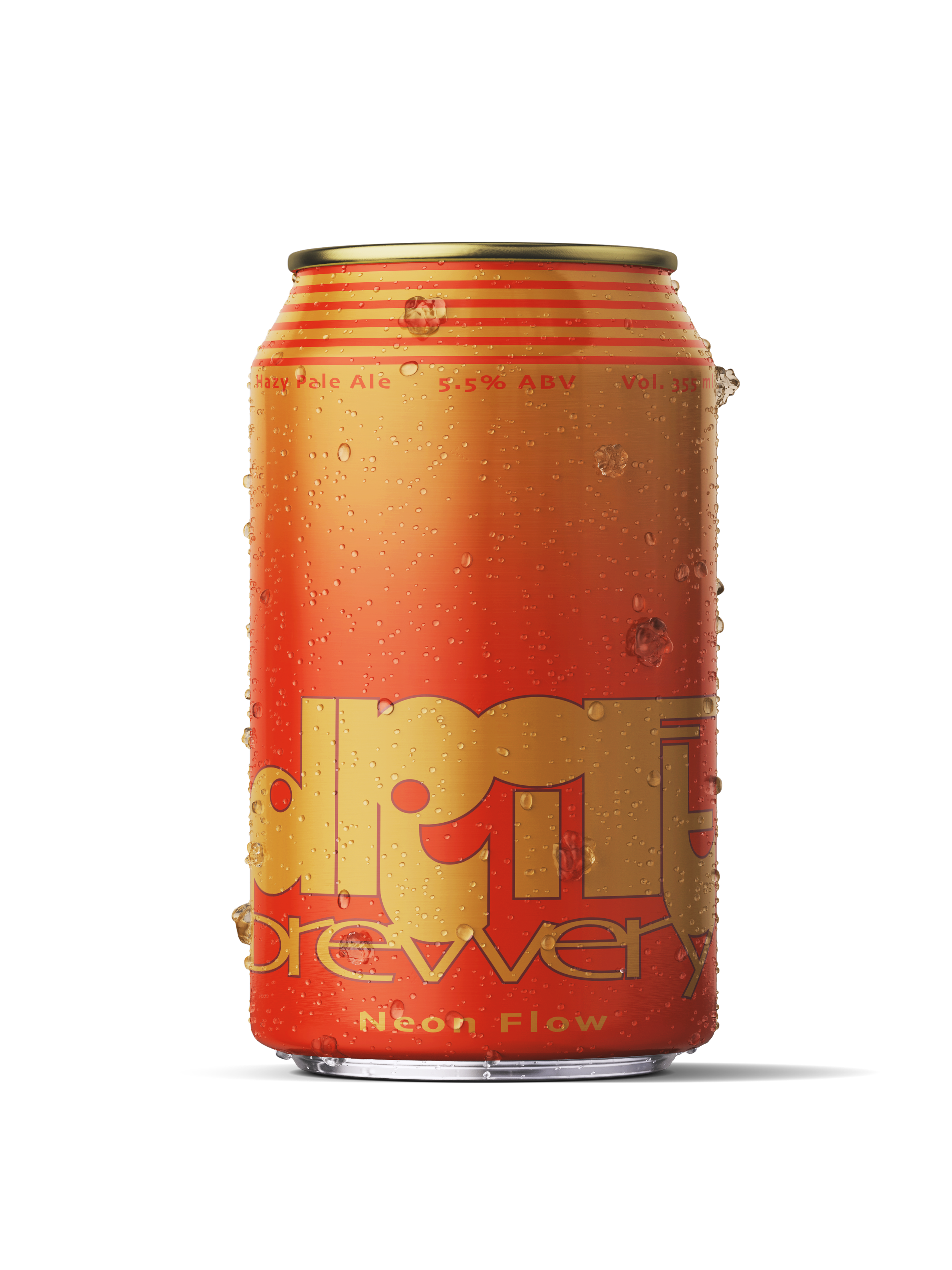 Neon Flow pale ale packaging concept for Drift Brewery, with bold gold lettering, red-orange gradients and striped detailing.