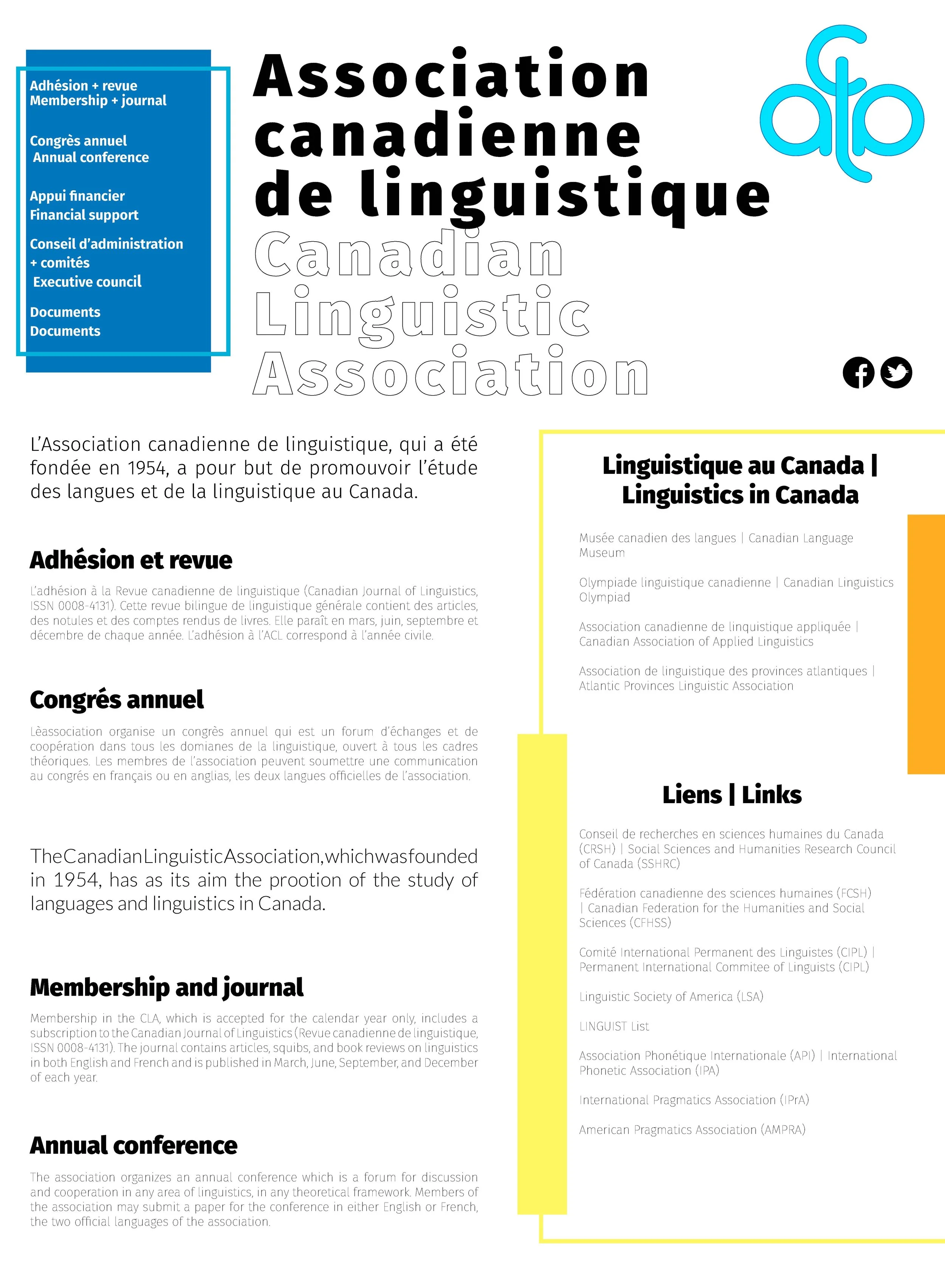 Conceptual bilingual website redesign for the Canadian Linguistic Association, featuring a turquoise CLA/ACL logo, bold headings and blue navigation.
