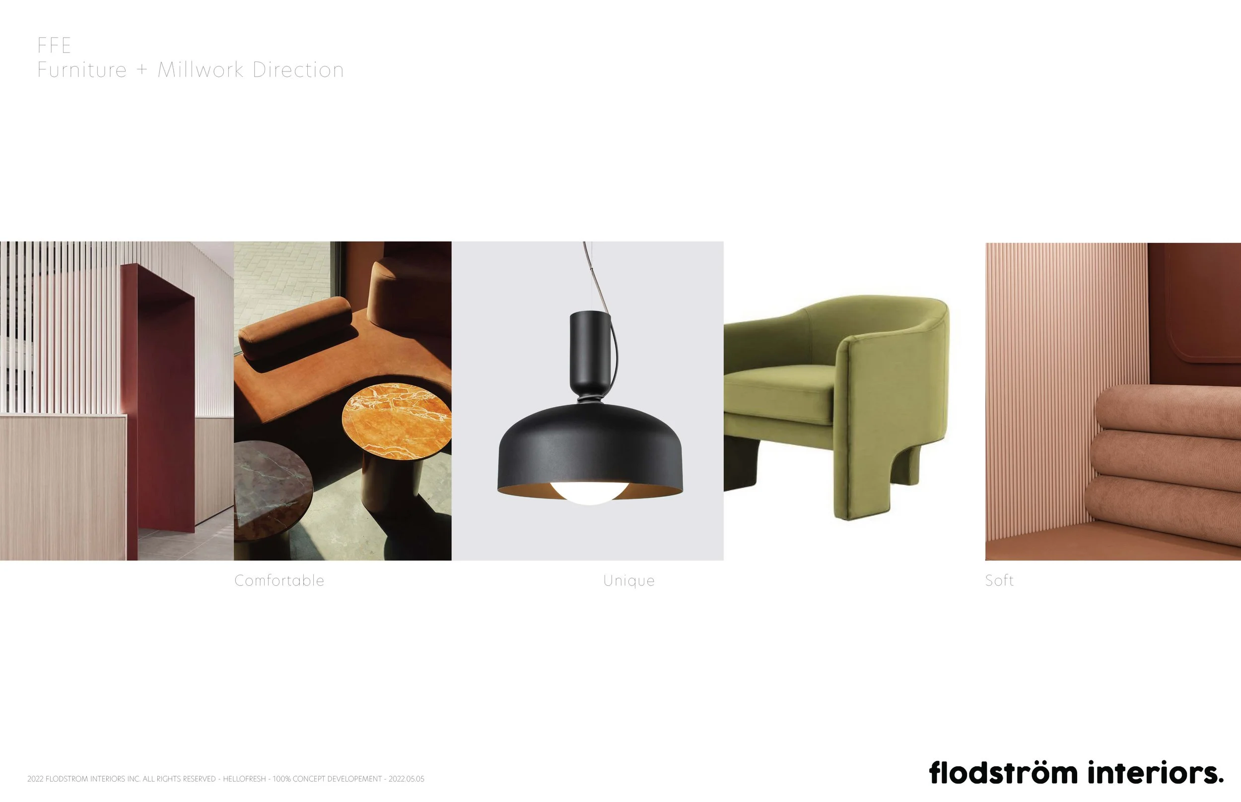 Furniture and millwork concept board for the HelloFresh Toronto office by Flodström Interiors, featuring contemporary seating, lighting selections and architectural design references.