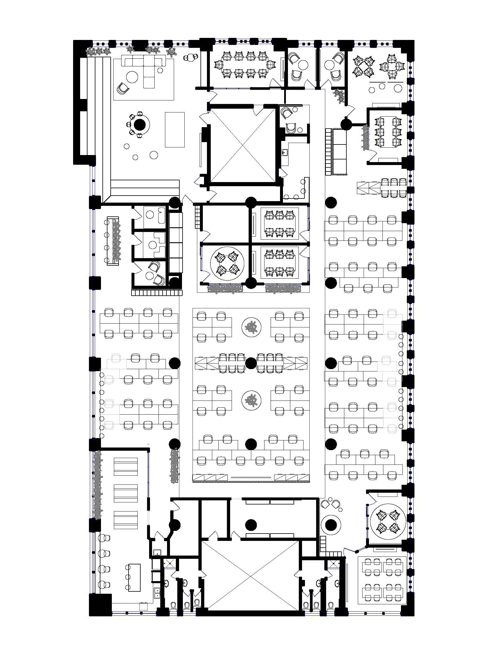 Office floor plan by Flodström Interiors for HelloFresh, Chef's Plate and Factor in Toronto, showing redesigned workstations, meeting rooms, collaborative spaces and circulation.