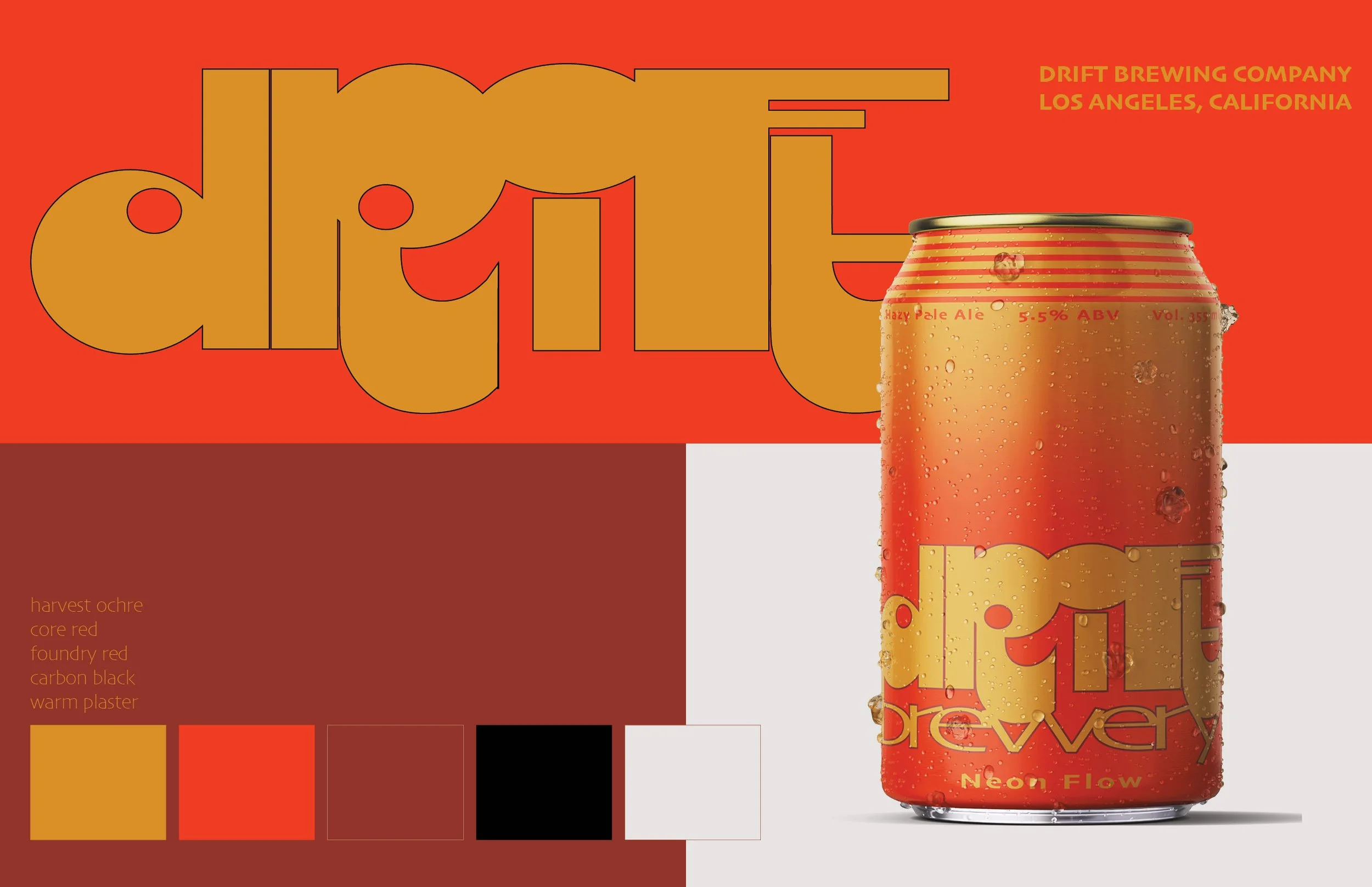 Conceptual brand identity and beer packaging design for Drift Brewery by Flodström Interiors, featuring illustrated beer cans, custom typography and colourful graphic labels.