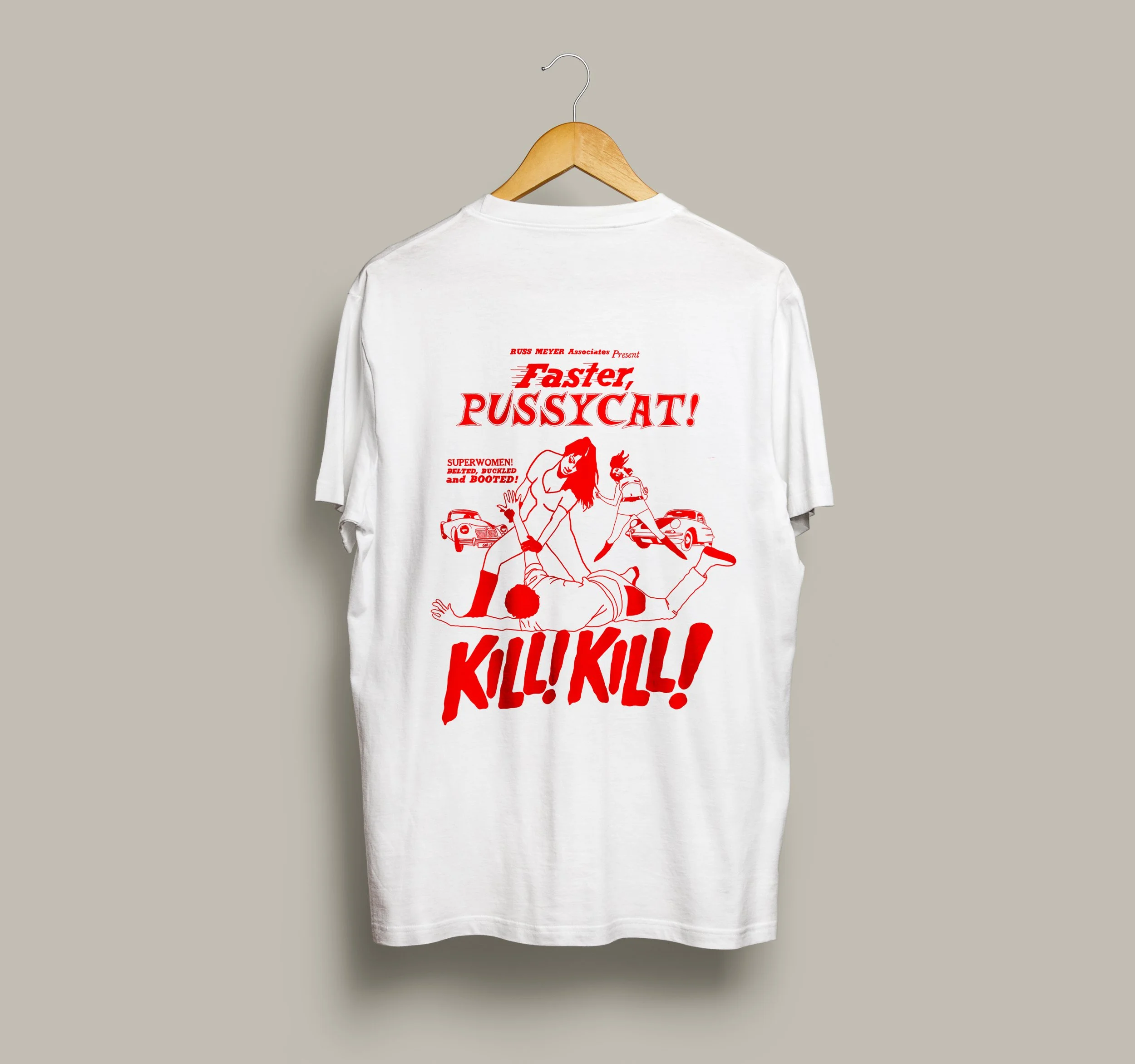 White Kill! Kill! Coffee merchandise T-shirt featuring a bold red illustrated graphic inspired by Faster, Pussycat! Kill! Kill!