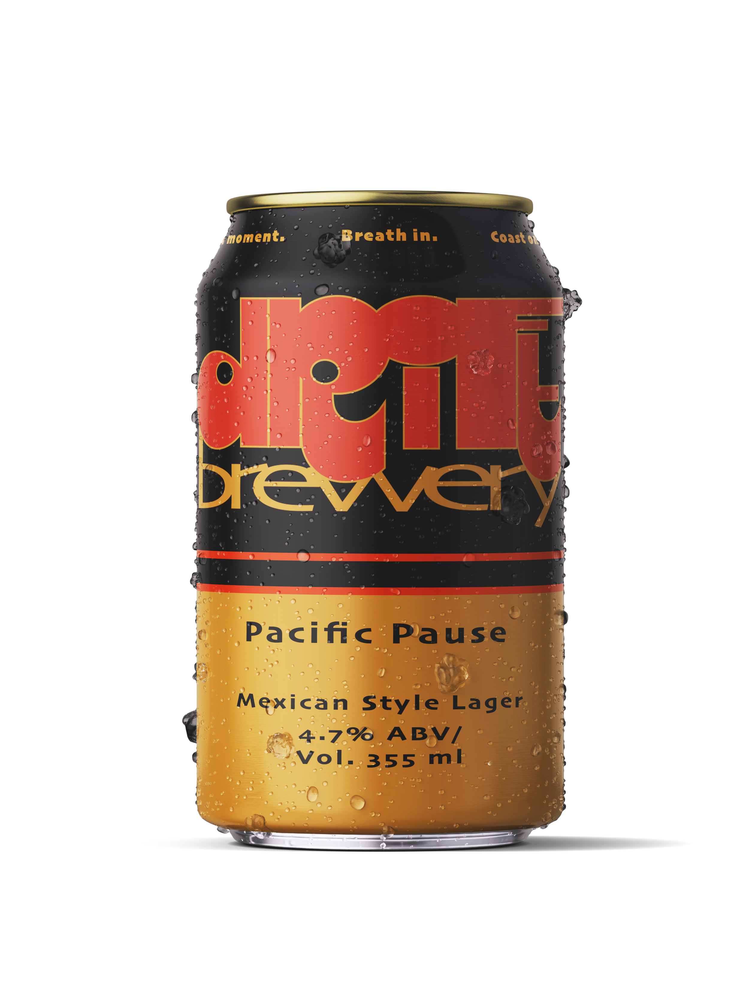 Pacific Pause Mexican-style lager packaging concept for Drift Brewery, featuring oversized red lettering on a black and gold can.