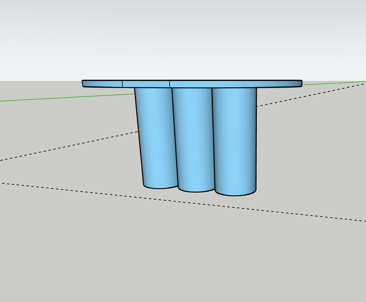Side view of a 3D furniture model showing the custom pale blue breakfast table with a rounded tabletop supported by three cylindrical forms.