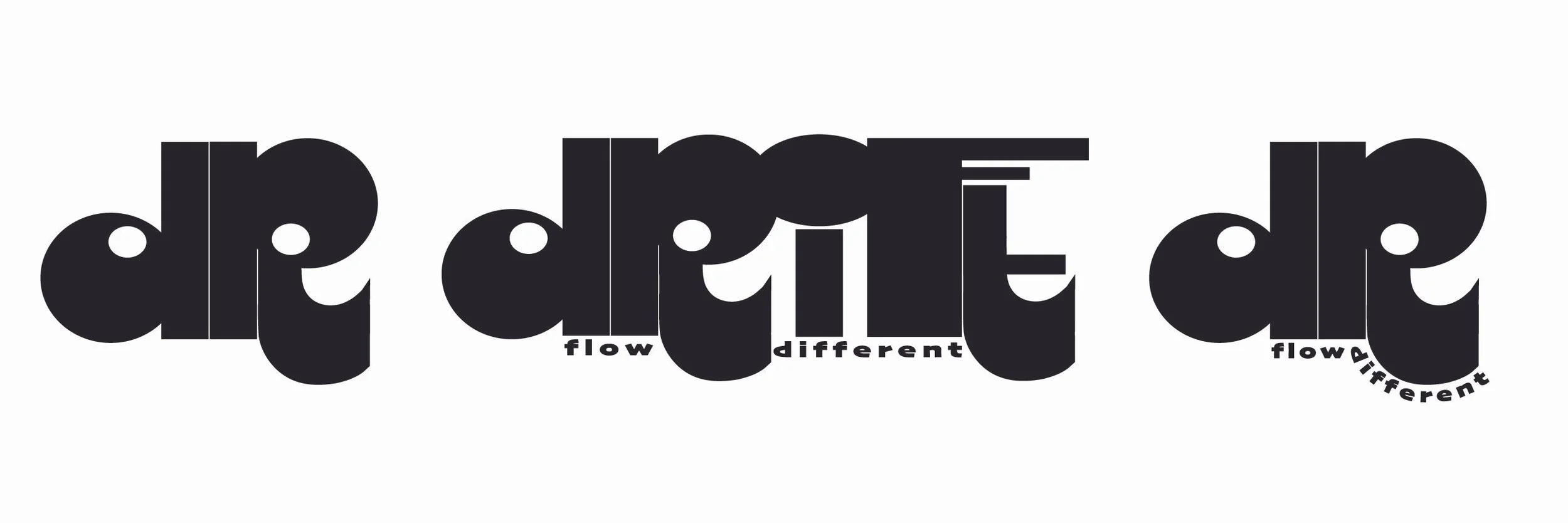 Three black Drift Brewery logo variations exploring custom typography and the tagline Flow Different.