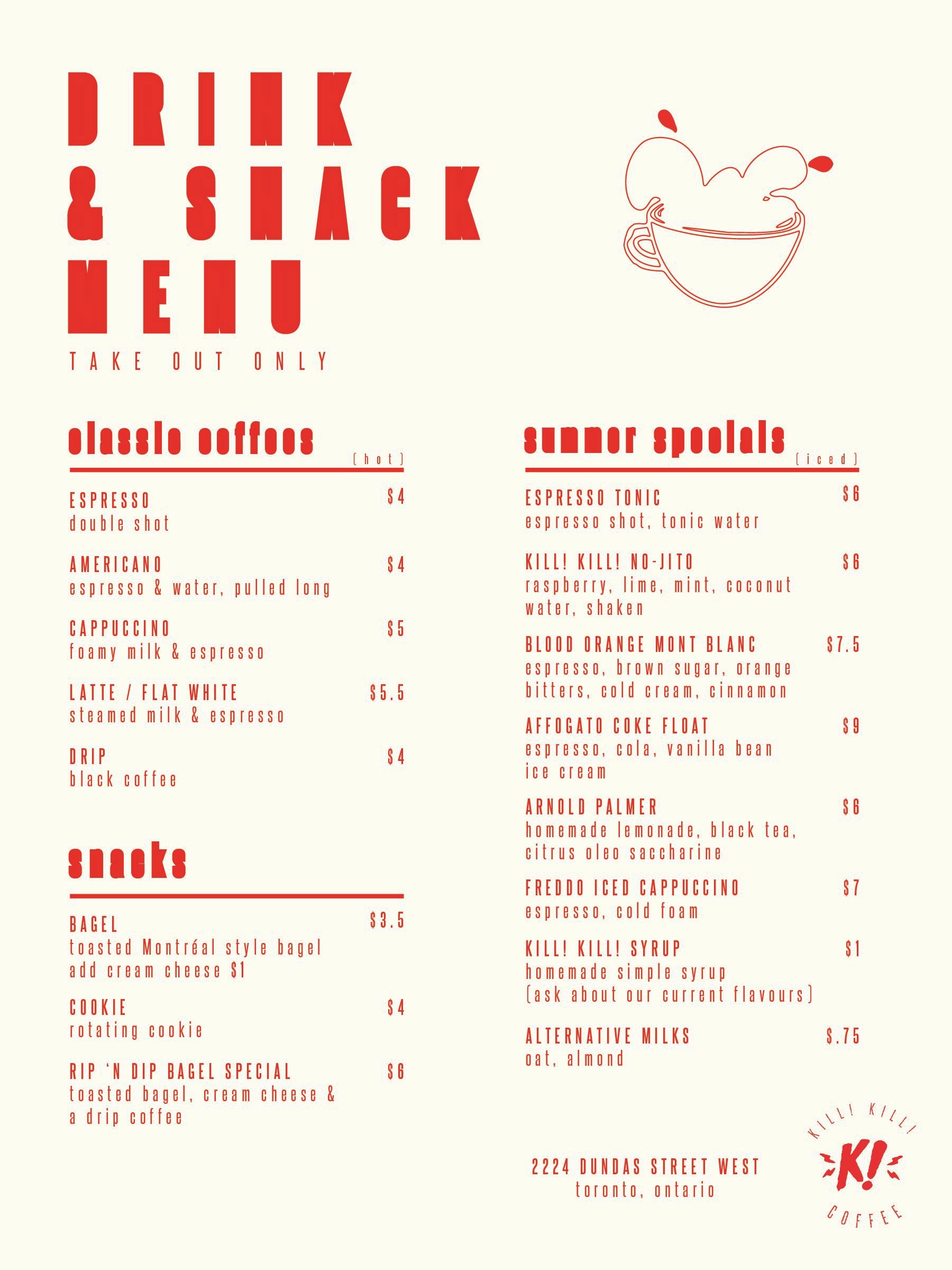 Kill! Kill! Coffee takeaway menu design with bold red typography, illustrated lips and separate sections for drinks and snacks.