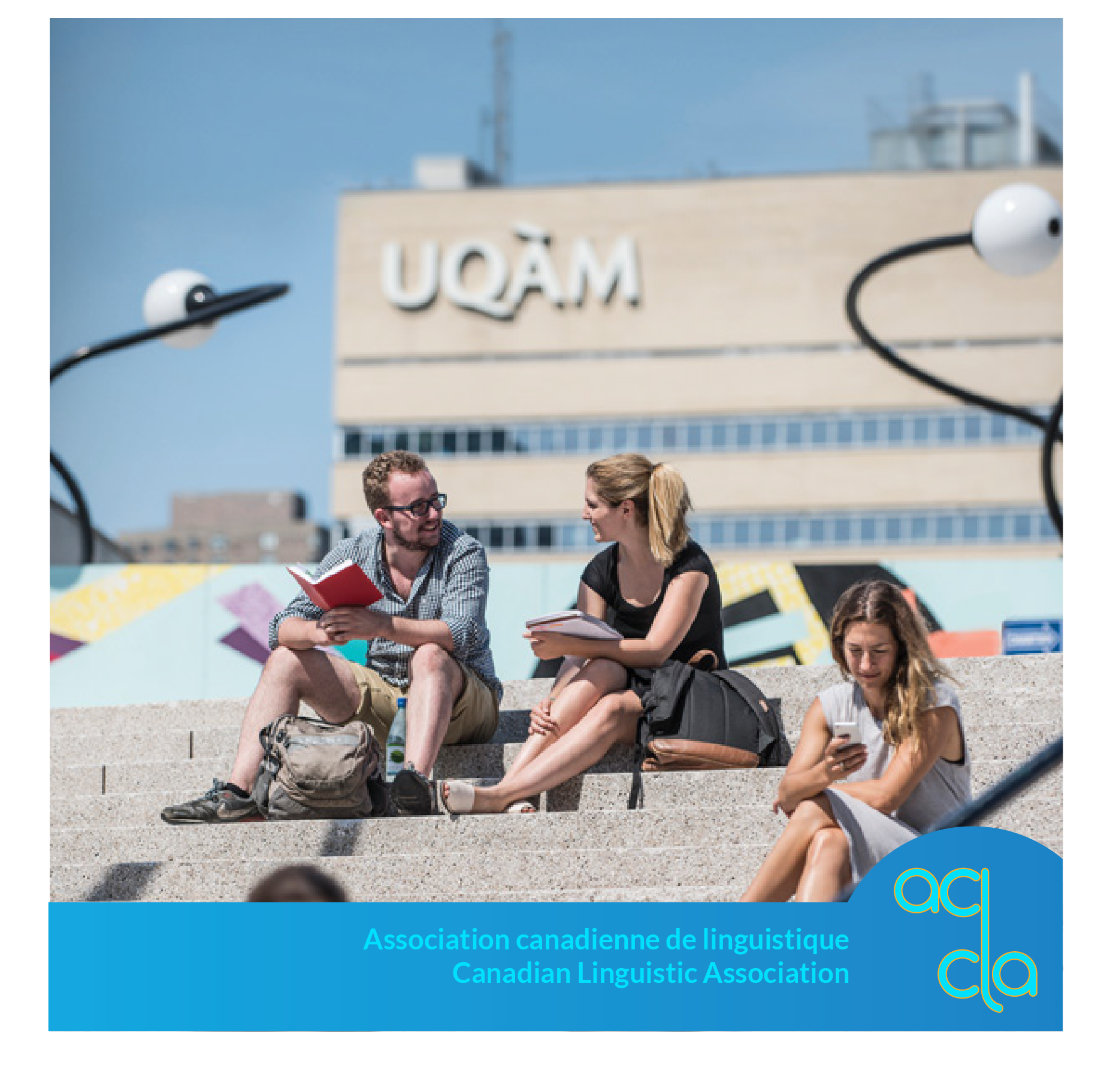 Photograph of people studying outdoors in front of the Université du Québec à Montréal building, shown alongside the CLA/ACL website design concept.