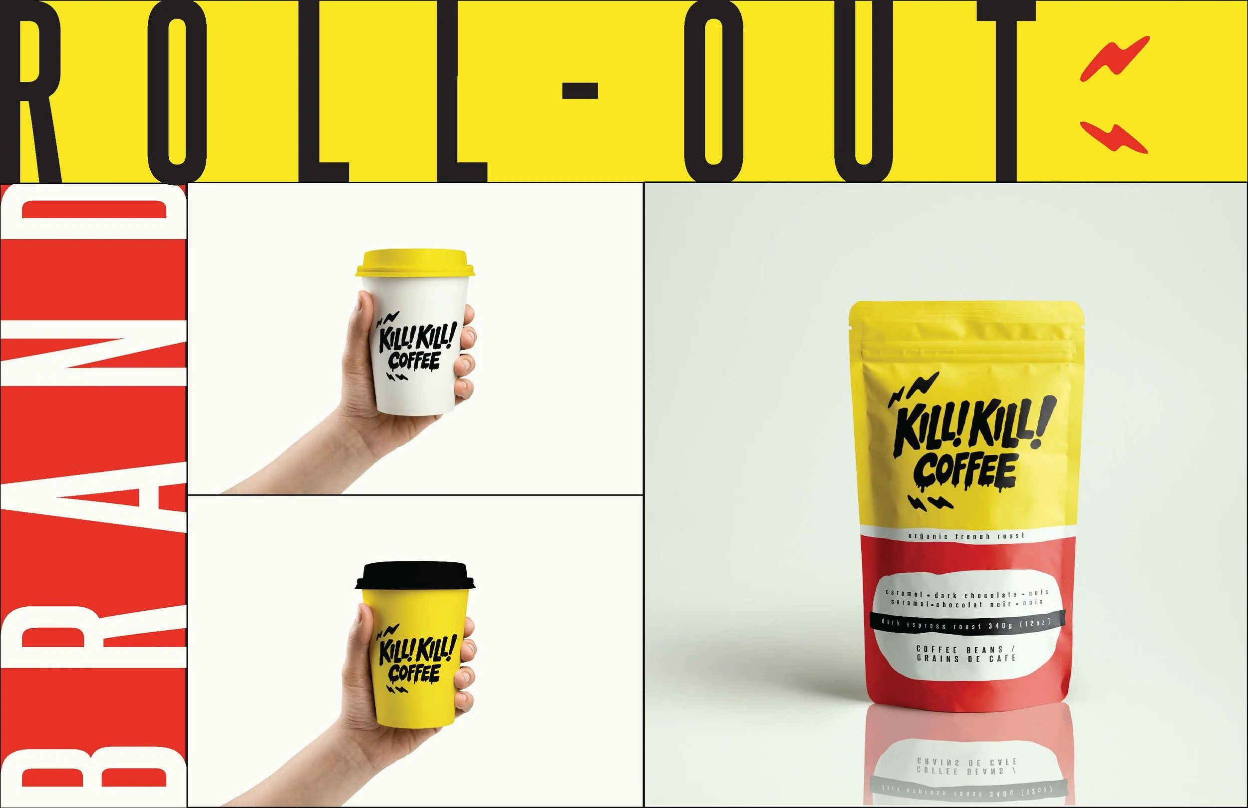 Brand identity and graphic design for Kill! Kill! Coffee in Toronto, featuring the coffee shop's custom typography, logo and visual branding.