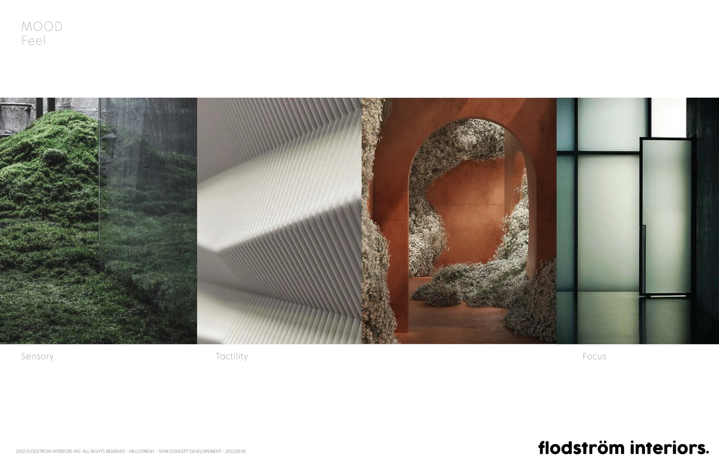 Interior design inspiration board for the HelloFresh Toronto office by Flodström Interiors, presenting furniture, architectural details and material references for the workplace design concept.