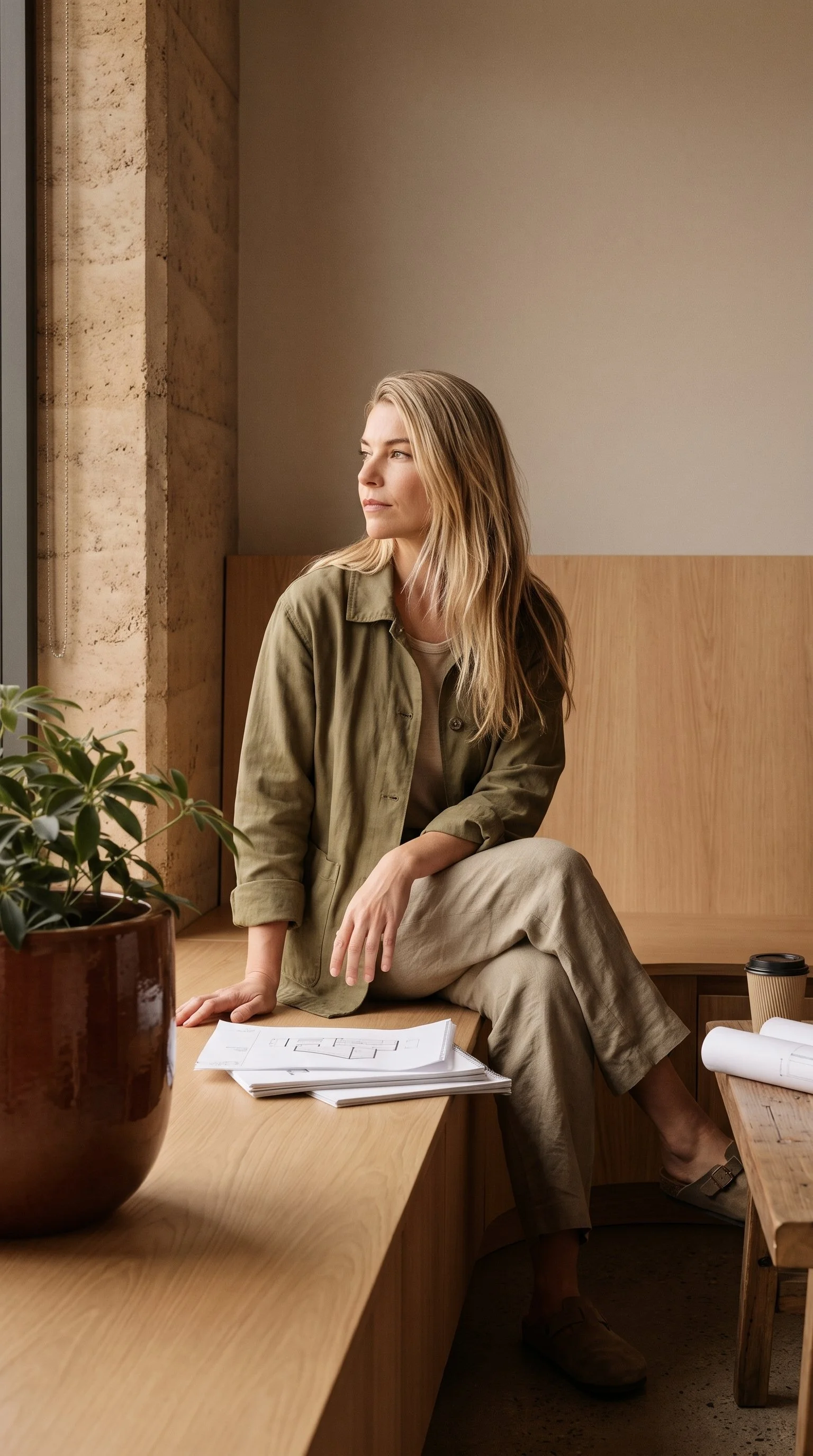 Blonde woman in an olive-green outfit sitting in a modern office beside architectural drawings, a coffee cup, and a potted plant.