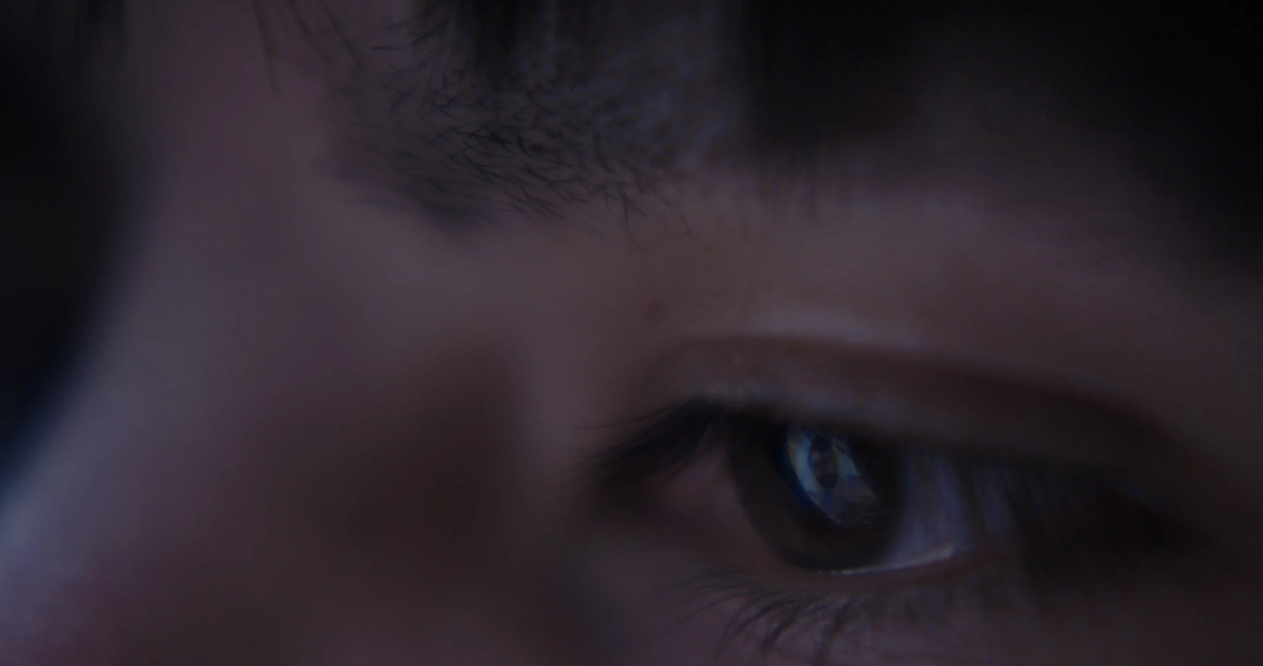 Extreme close-up of a blue eye with eyelashes in low light