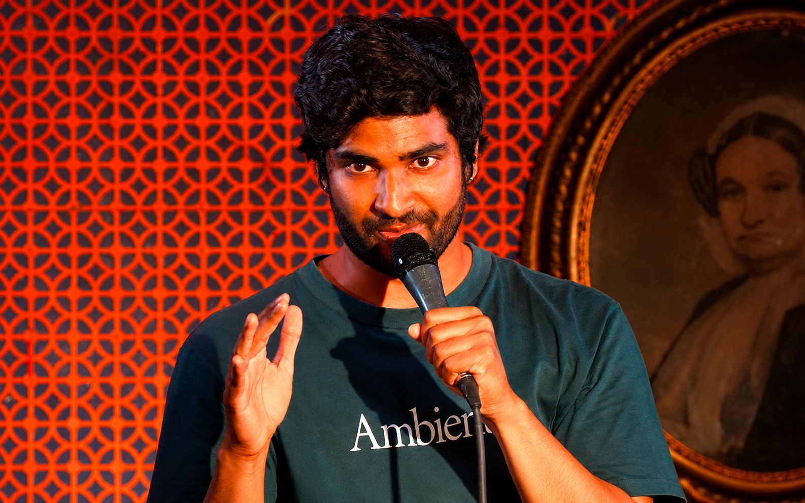Bearded man speaking into a microphone against a red geometric patterned wall, with a framed portrait in the background
