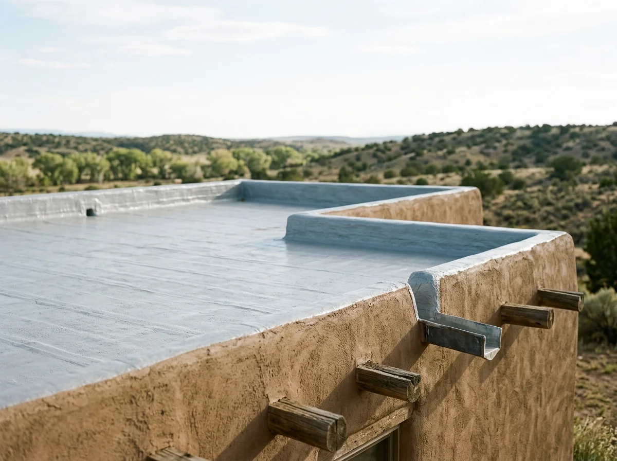 Close-up of a flat rooftop with a reflective coating, showing drainage pipes and the edge of the building, with a landscape of rolling hills and sparse vegetation in the background under a partly cloudy sky.