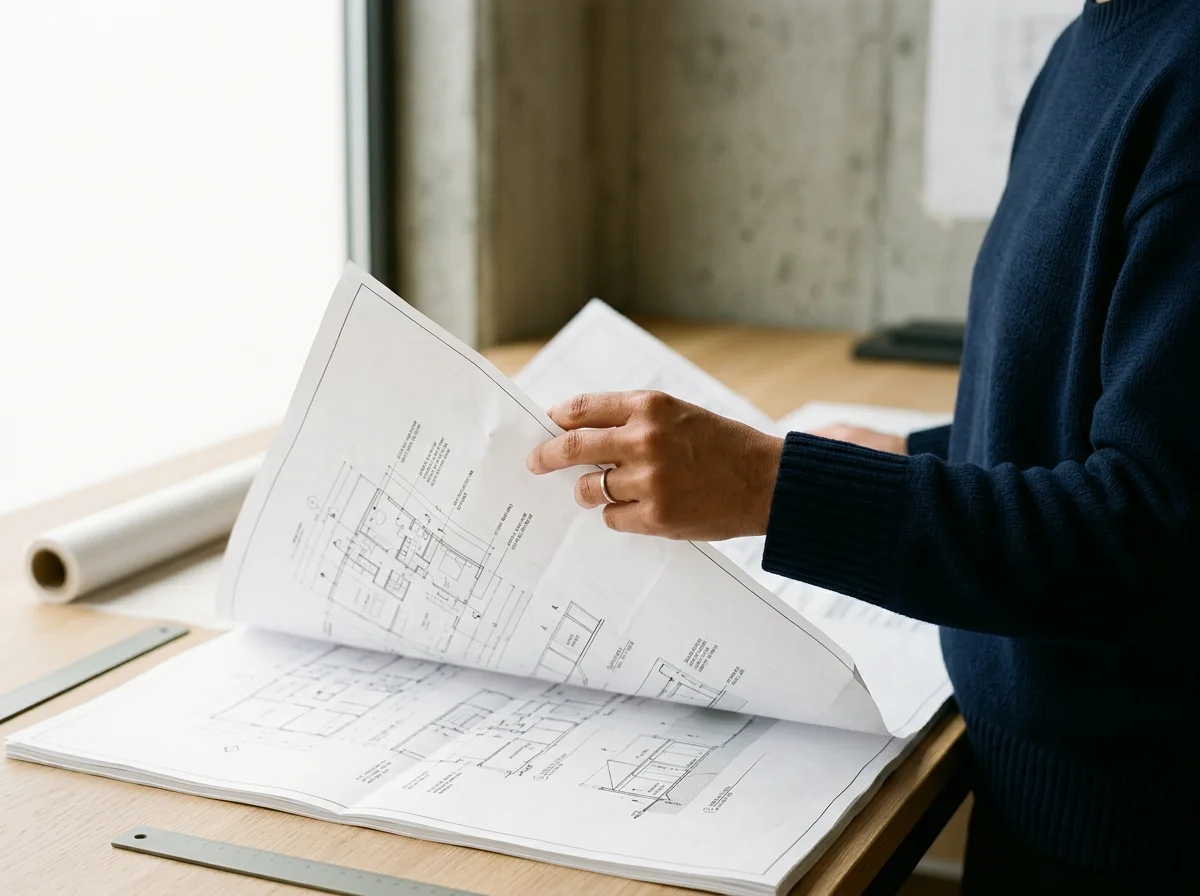 Person reviewing architectural blueprints at a desk in an office.