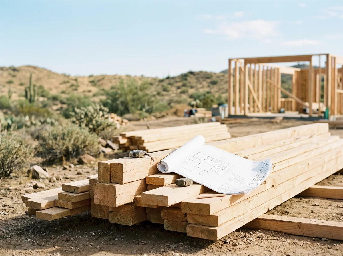 Construction site with wooden framing in a desert landscape. Piles of lumber and blueprints on the ground.