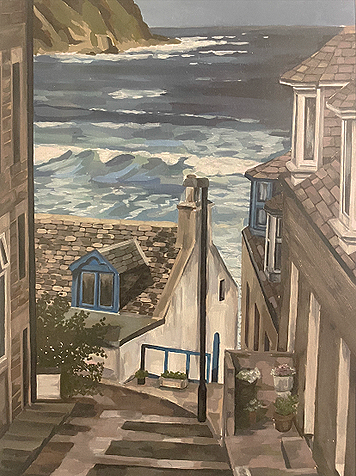 Painted view of a coastal street with houses overlooking the ocean, waves crashing against the rocky shore in the background.