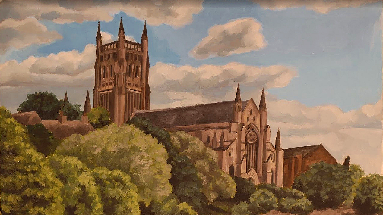 A painting of a large gothic-style church with a tall tower, surrounded by trees and a partly cloudy sky.